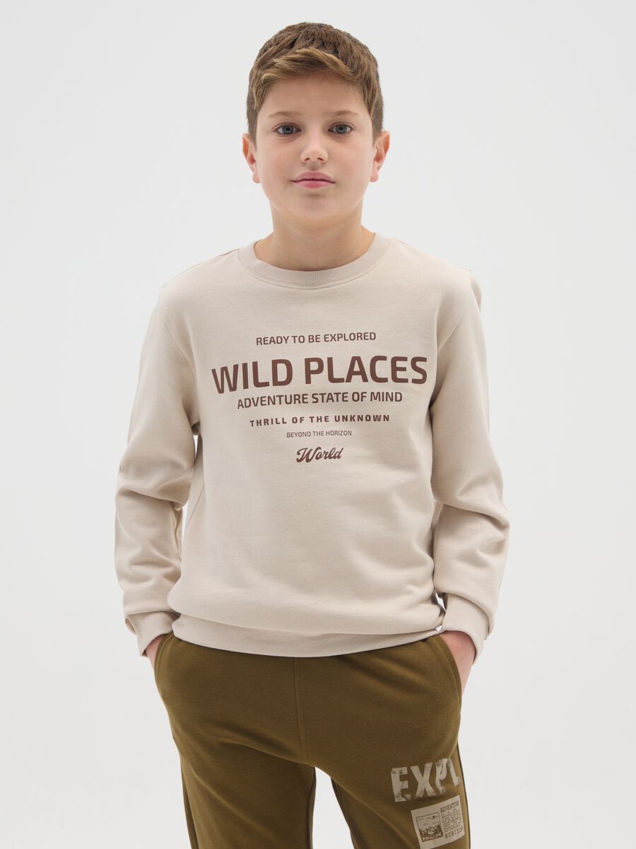 Boys' beige pure cotton sweatshirt with regular fit and round neckline_0