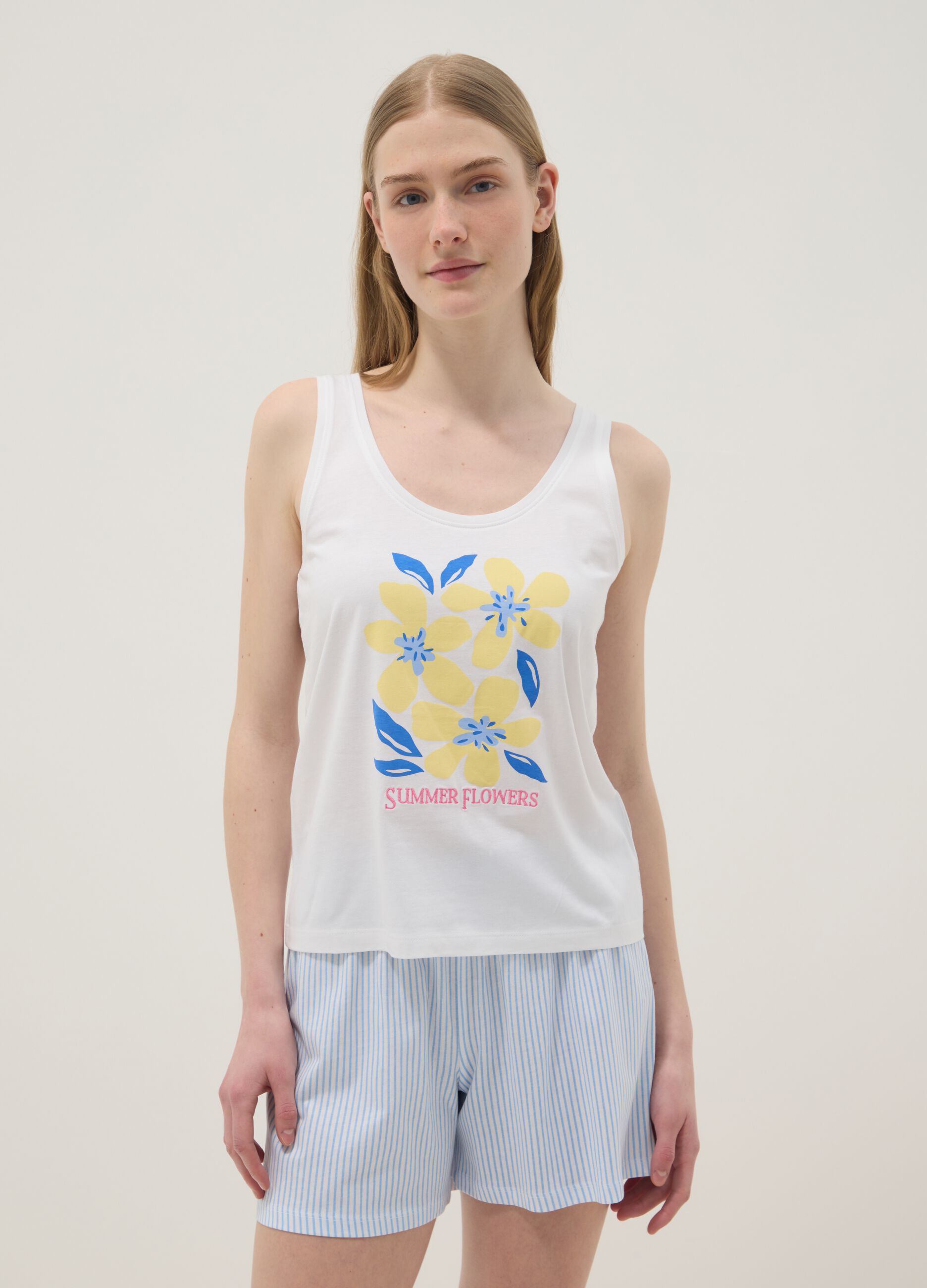 White organic cotton pyjama vest, regular fit, with floral print
