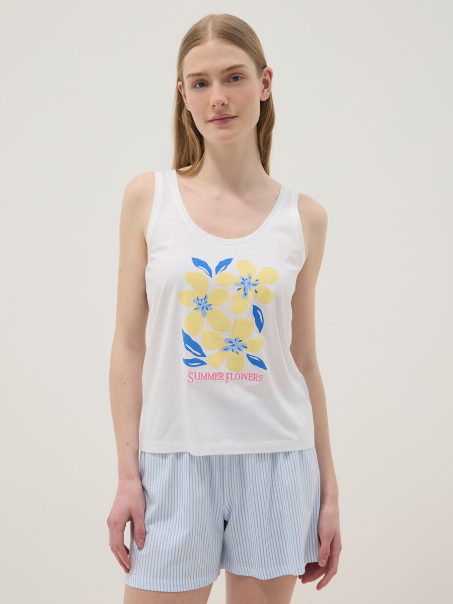 White organic cotton pyjama vest, regular fit, with floral print_1