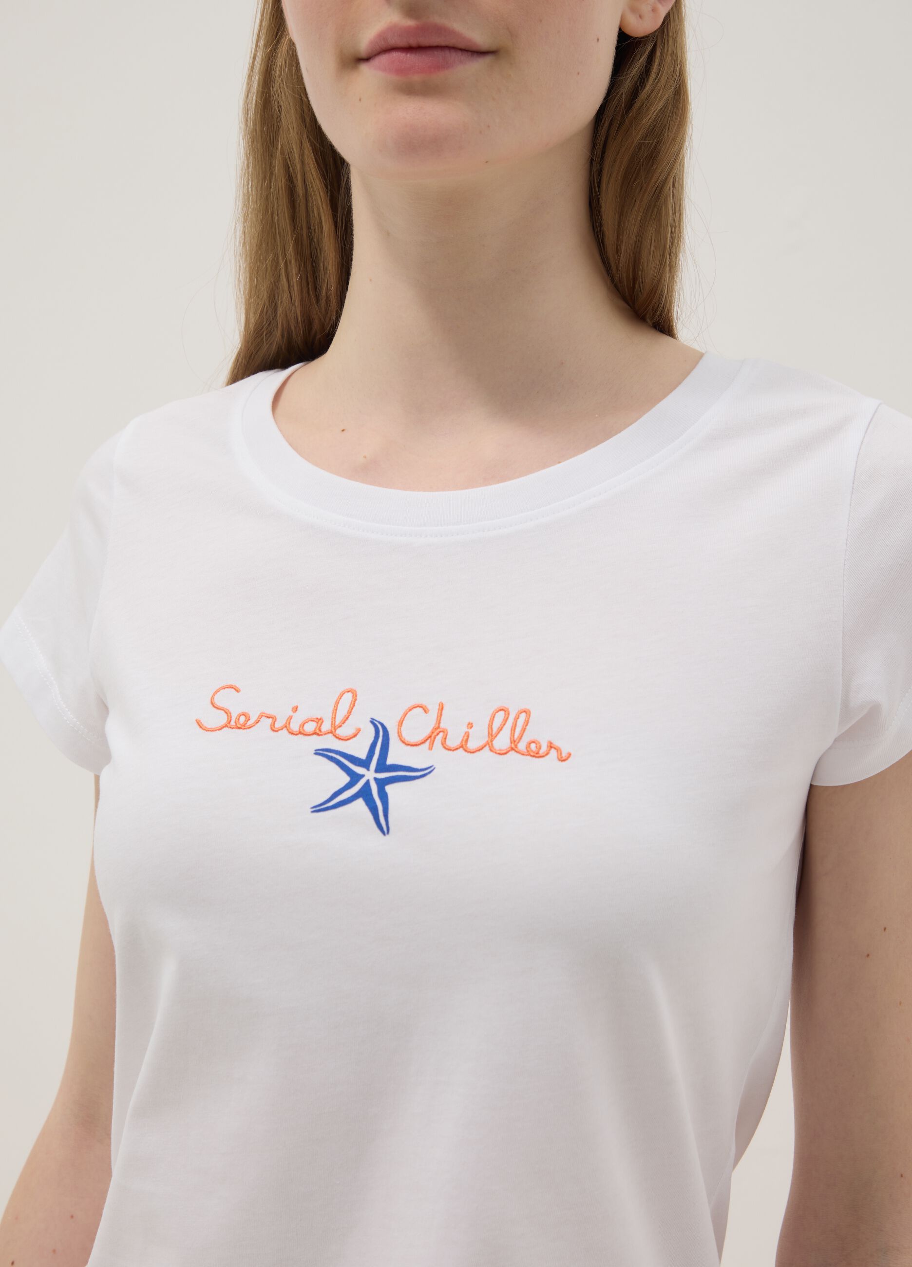 White pure cotton pyjama T-shirt, regular fit with embroidery