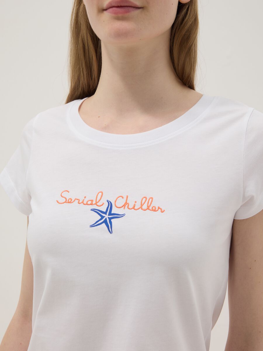 White pure cotton pyjama T-shirt, regular fit with embroidery_3