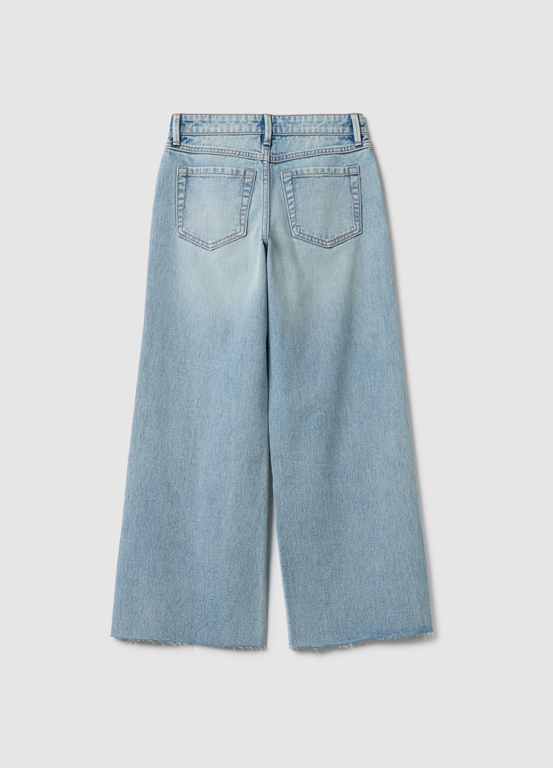 Girls' sky blue pure cotton wide leg jeans