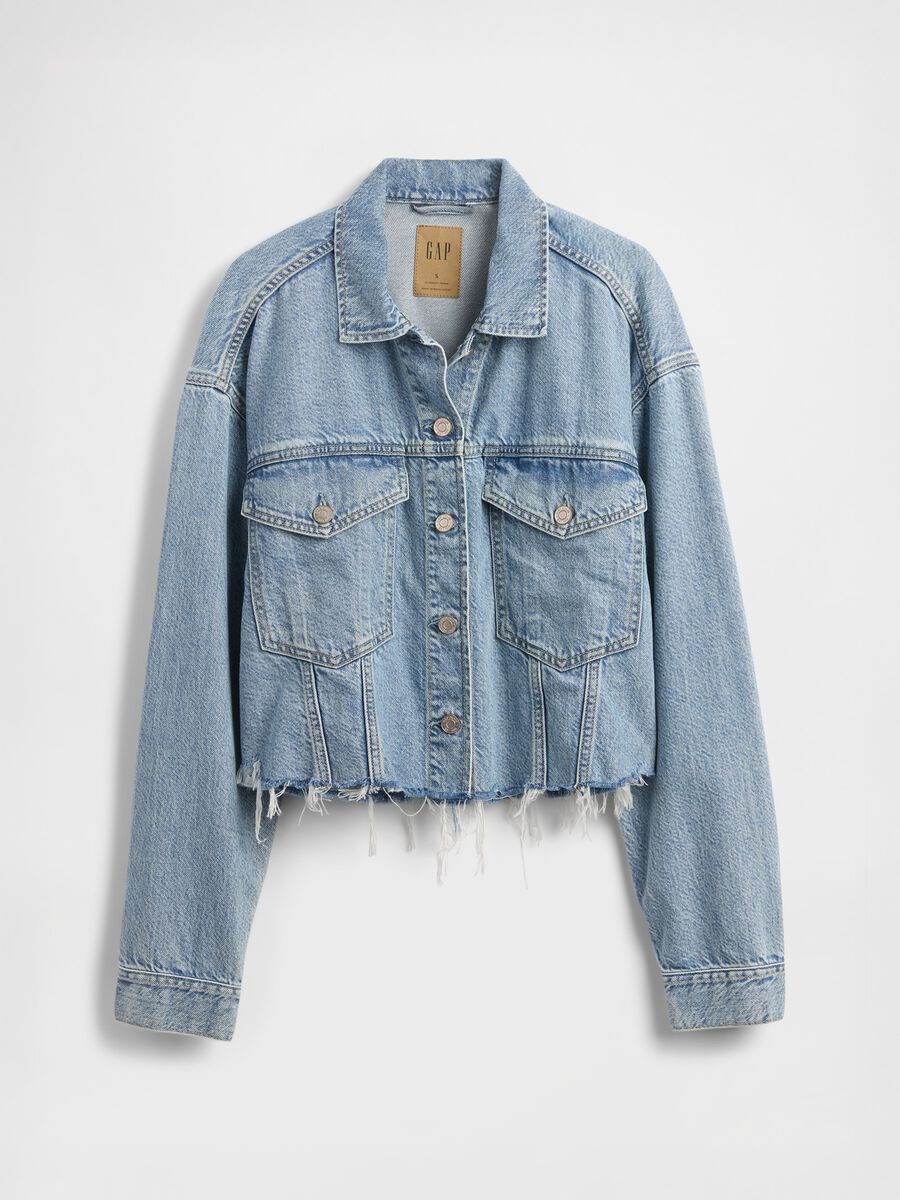 Giacca cropped in denim con bordi sfrangiati_4