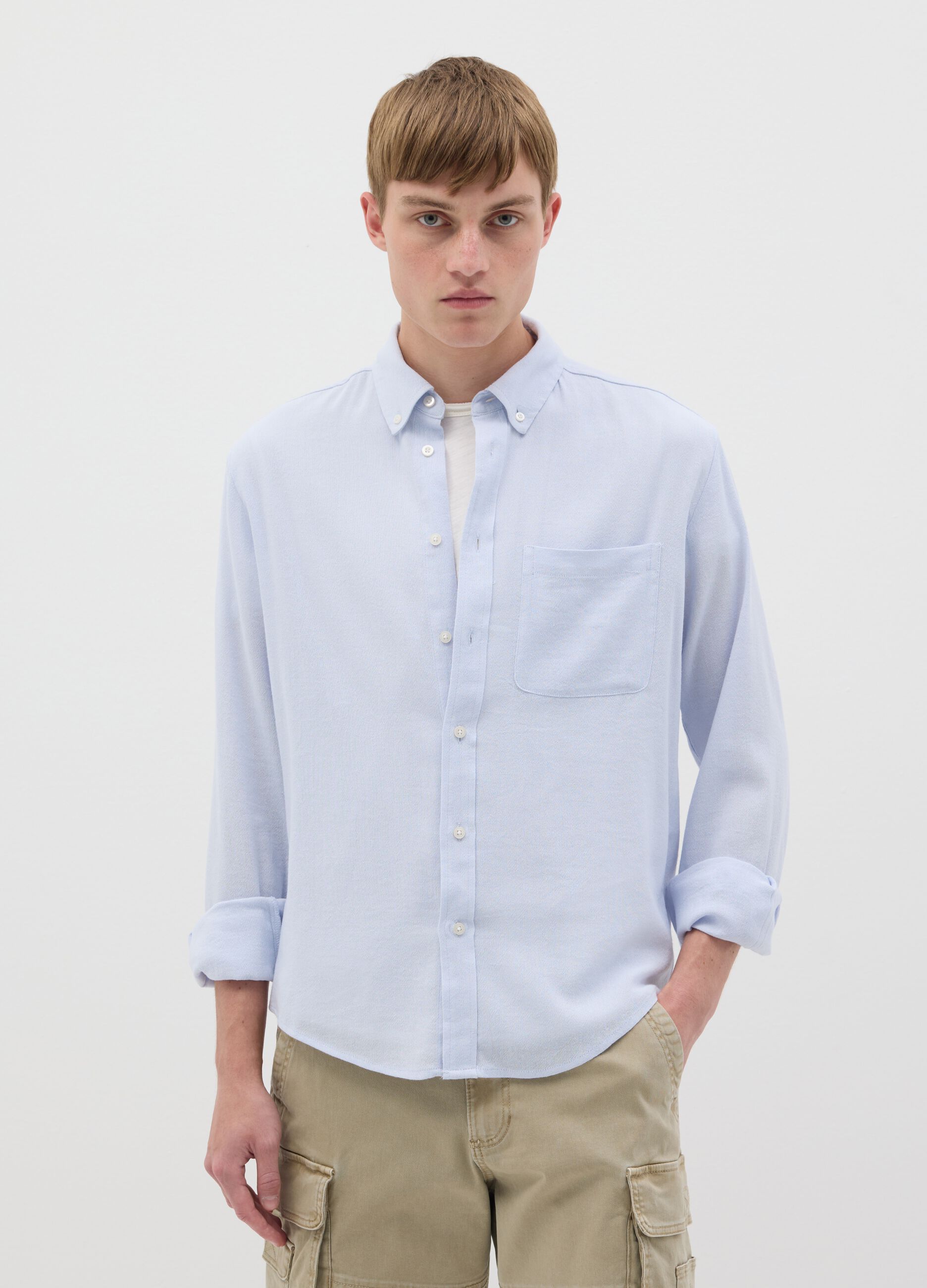 Camicia azzurra in cotone viscosa e lino