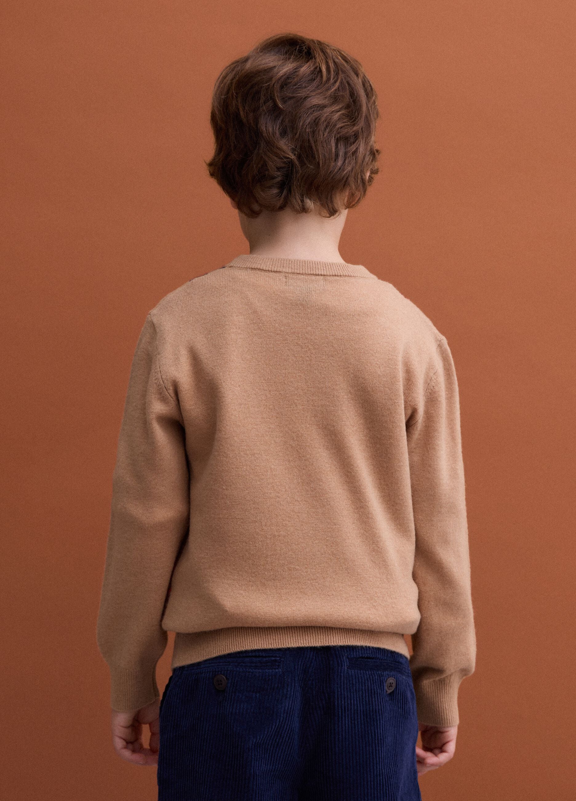 Beige pure wool jumper with jacquard crew neck