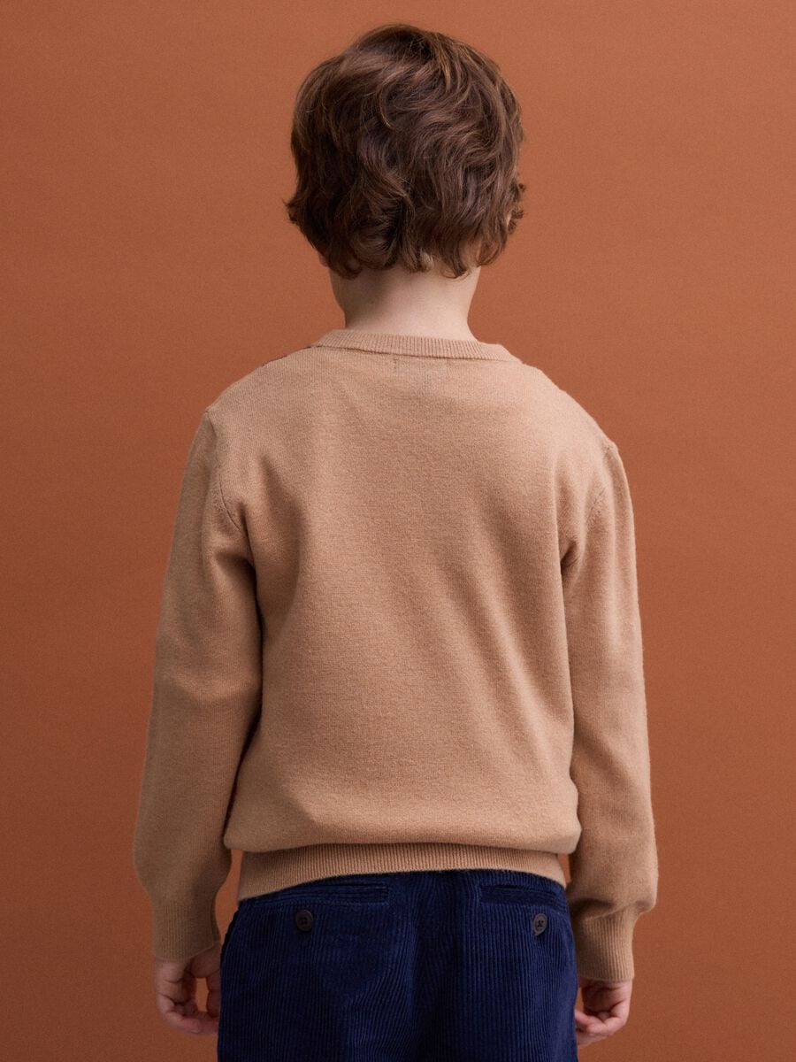 Maglione beige in pura lana con girocollo jacquard_2