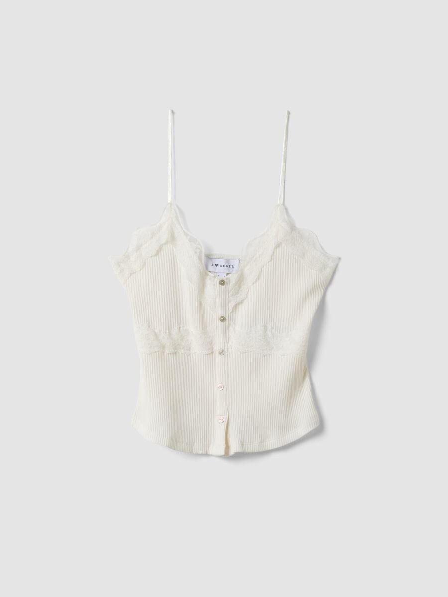 White stretch cotton fitted top with lace trim_4