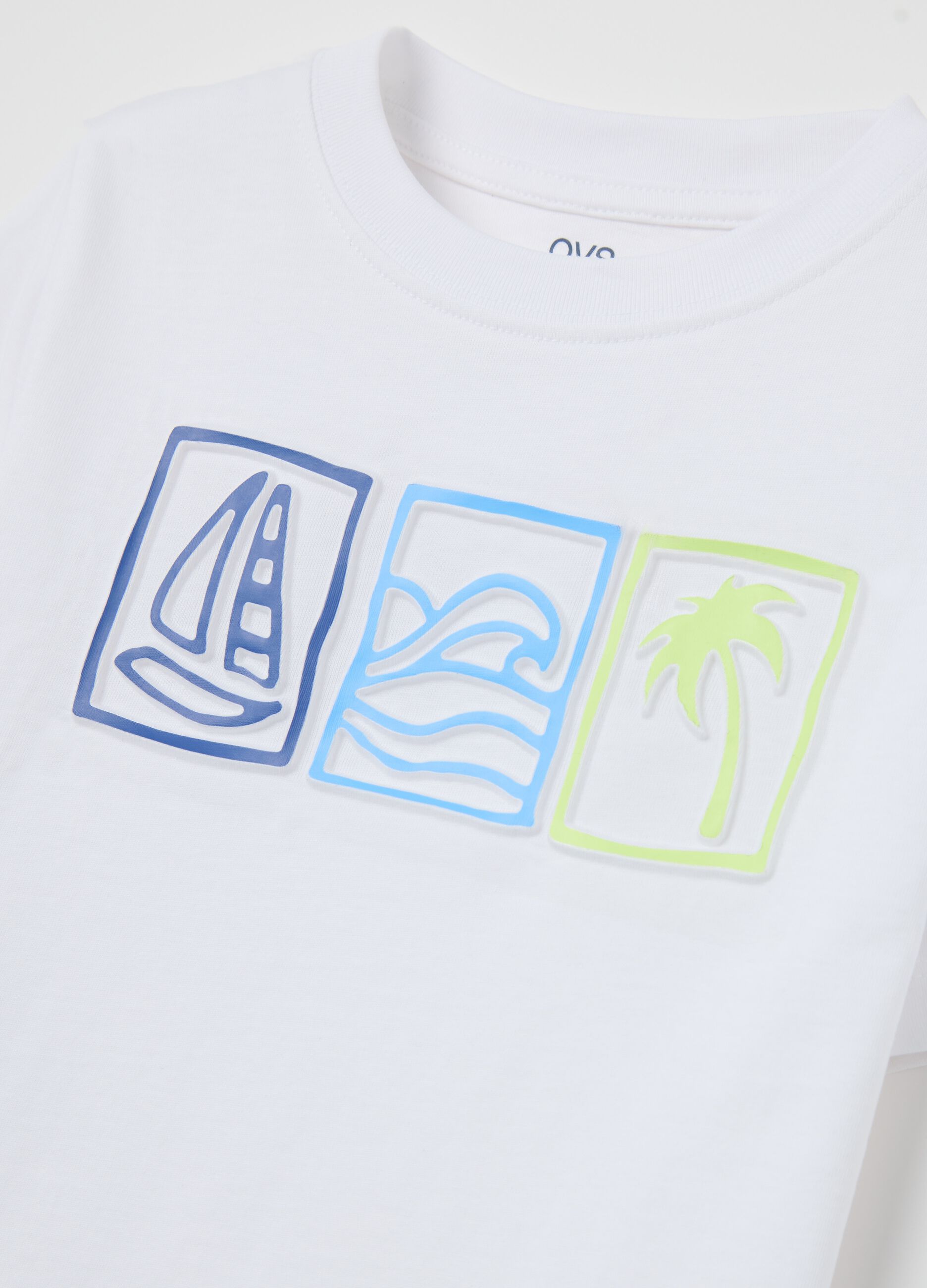 White T-shirt in cotton with sea motif print