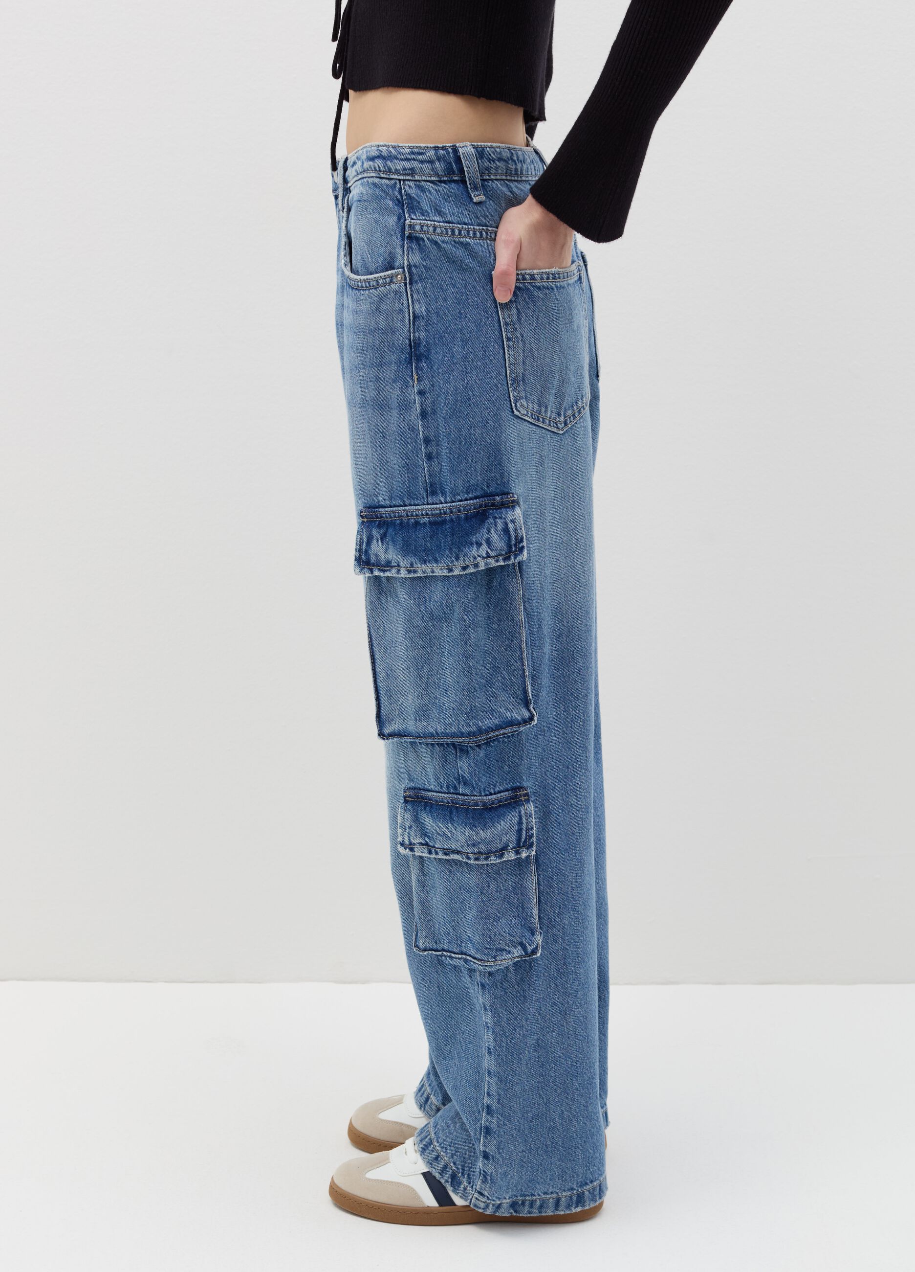 Acid wash cargo jeans with multiple pockets