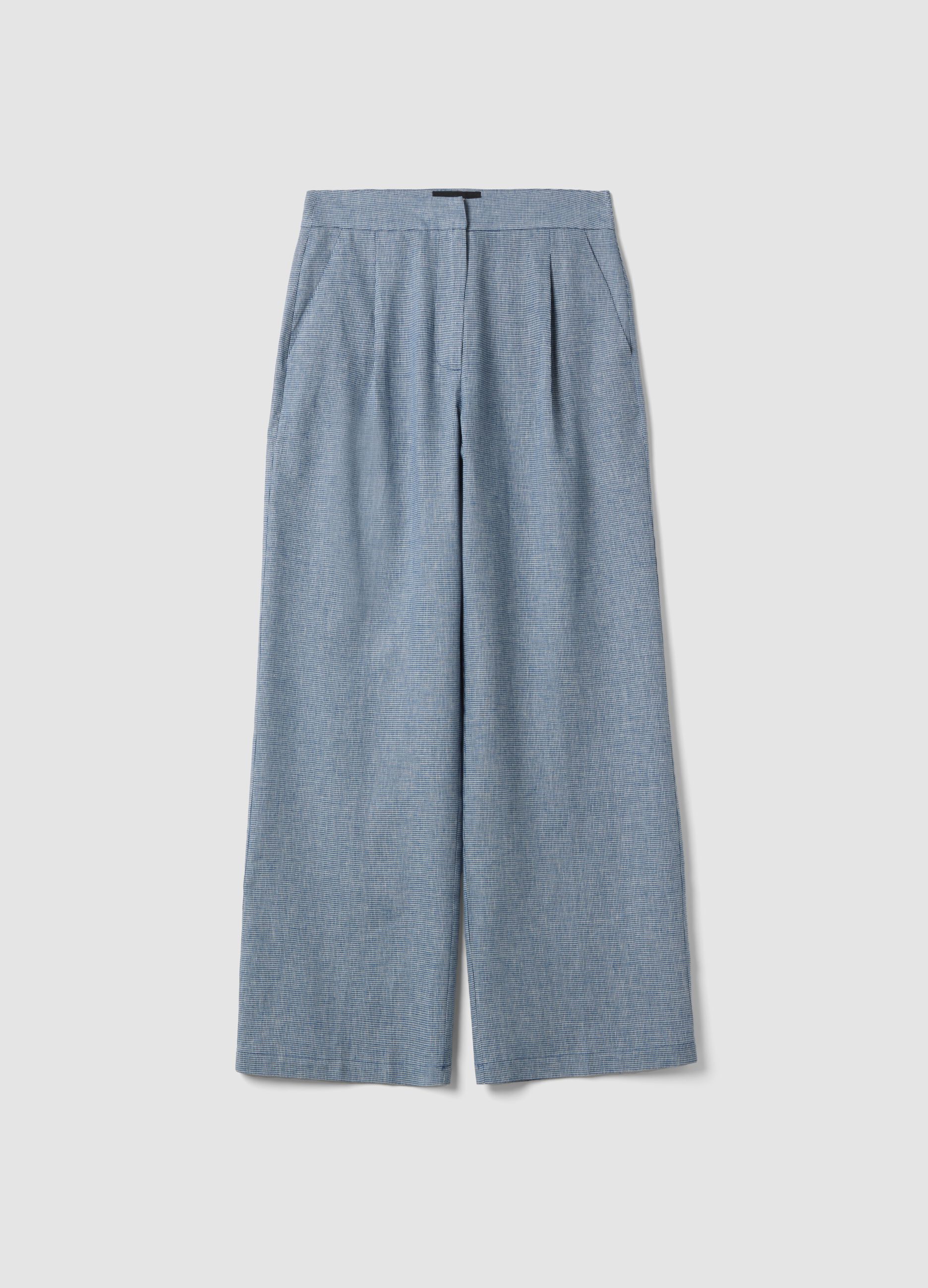 Linen-blend wide-leg trousers with blue and white micro-checks