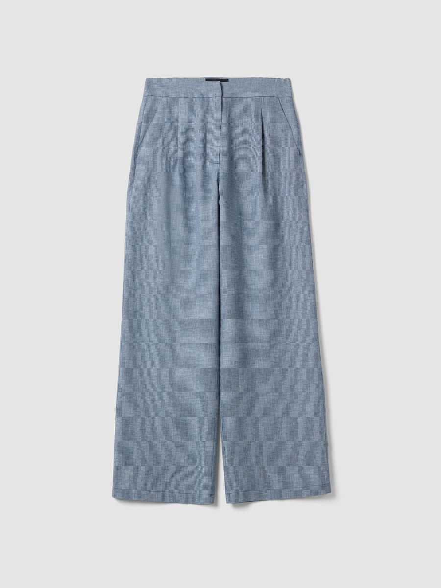 Linen-blend wide-leg trousers with blue and white micro-checks_4