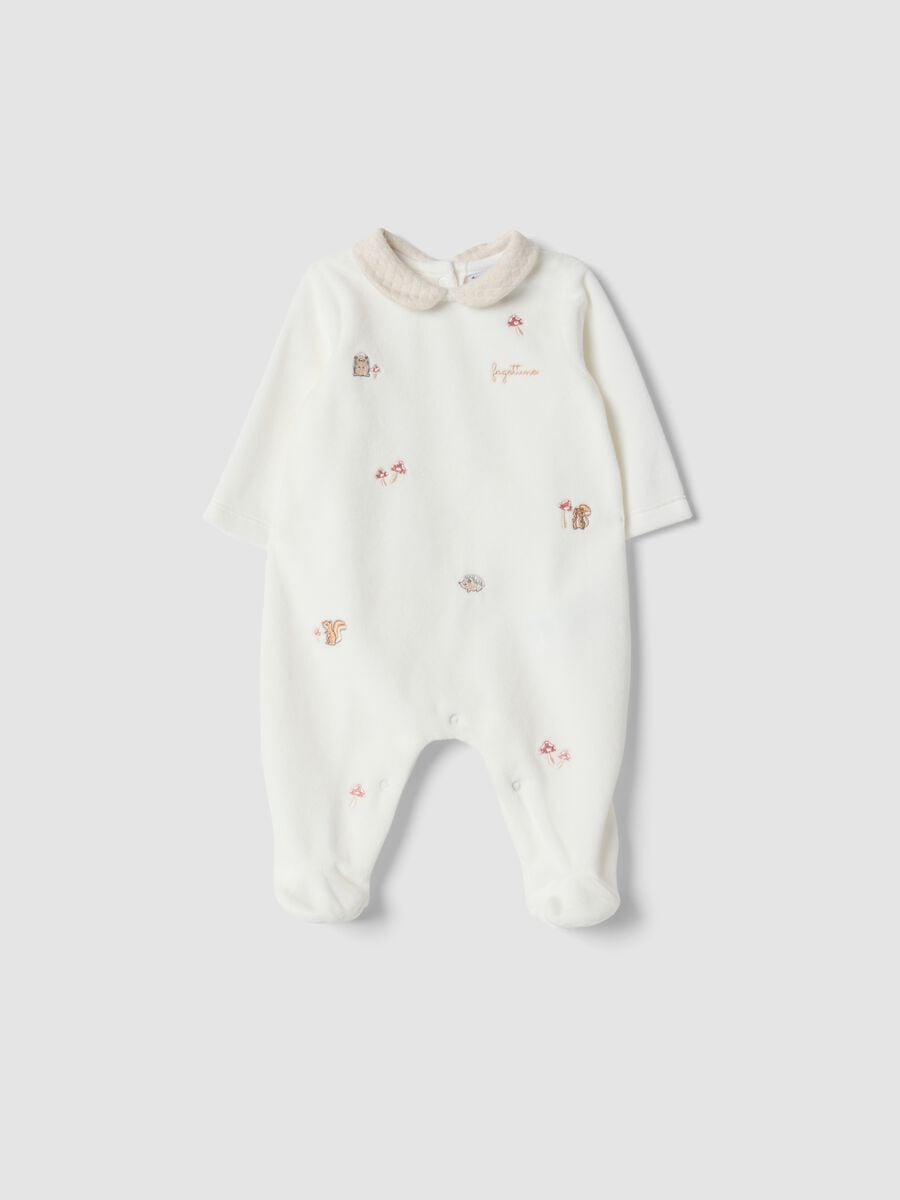 Tutina bianca in misto cotone organico con colletto e ricami animaletti_0