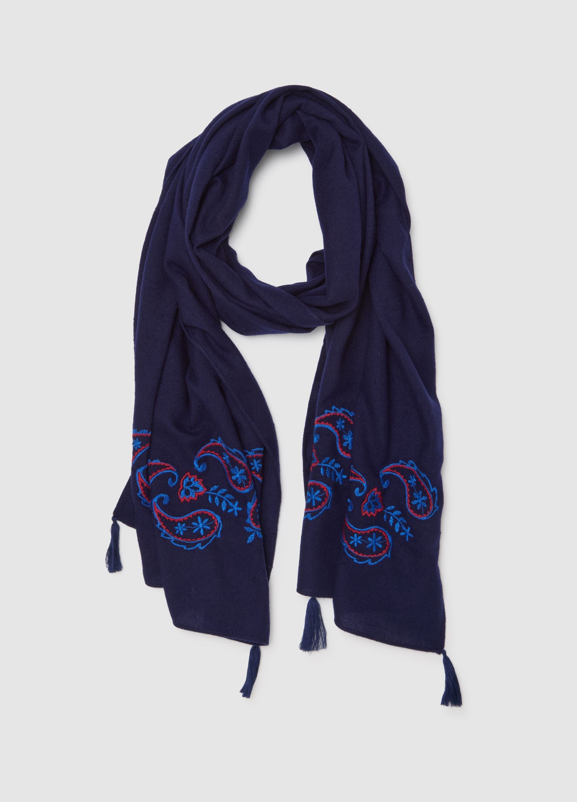 Blue scarf with paisley embroidery