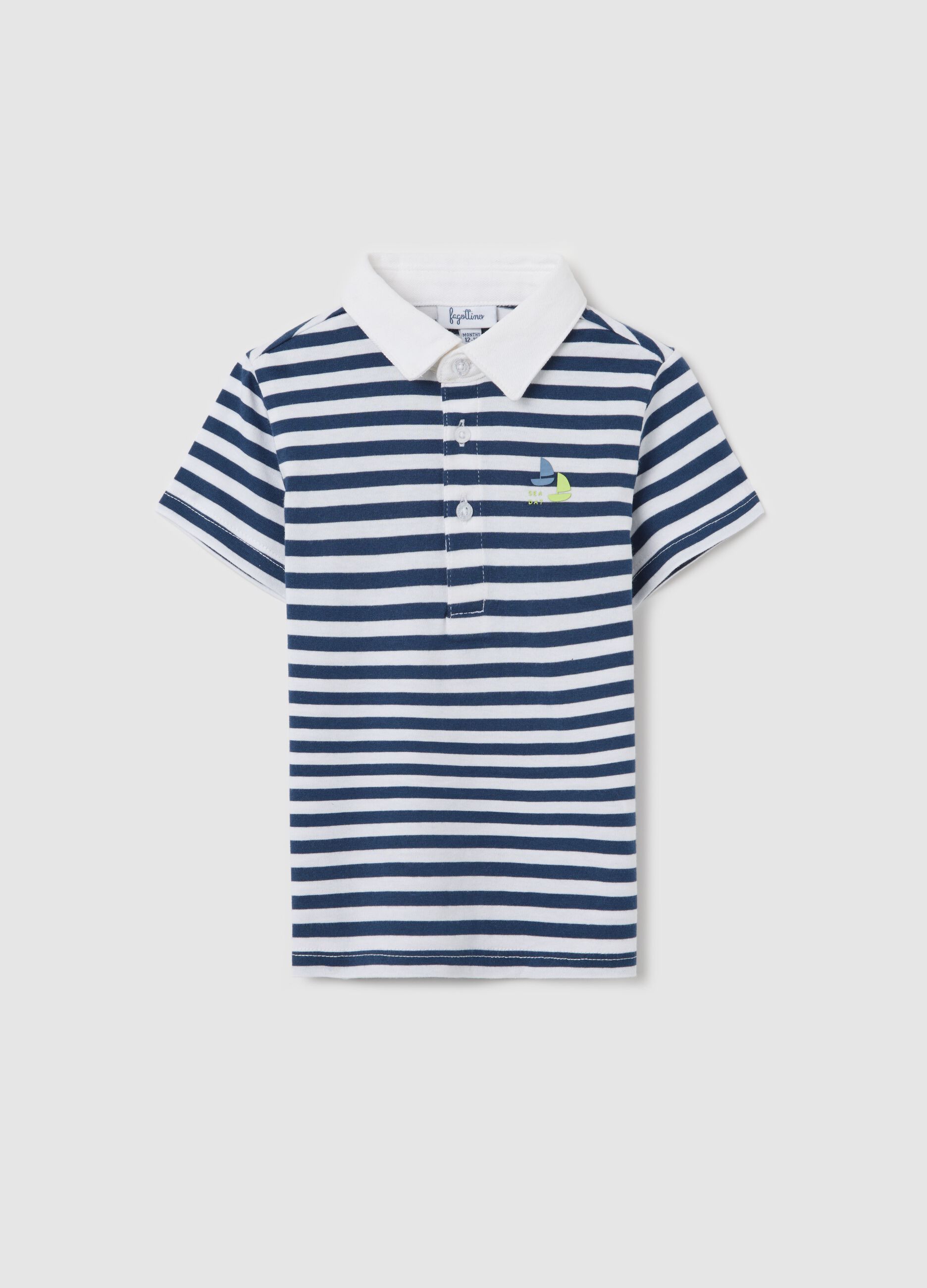 Cotton polo shirt with white and blue stripes