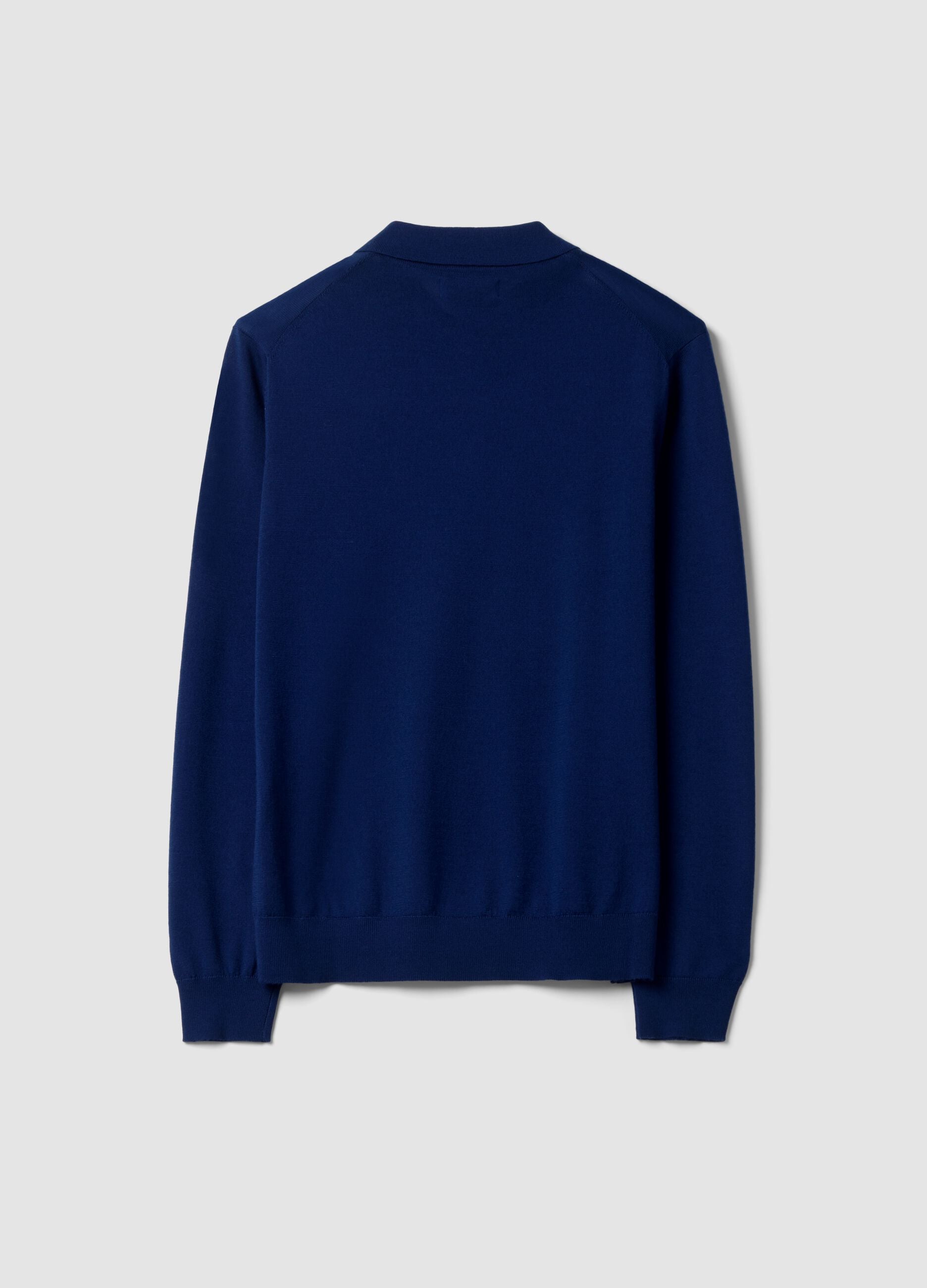 Blue pure merino wool polo jumper with polo collar