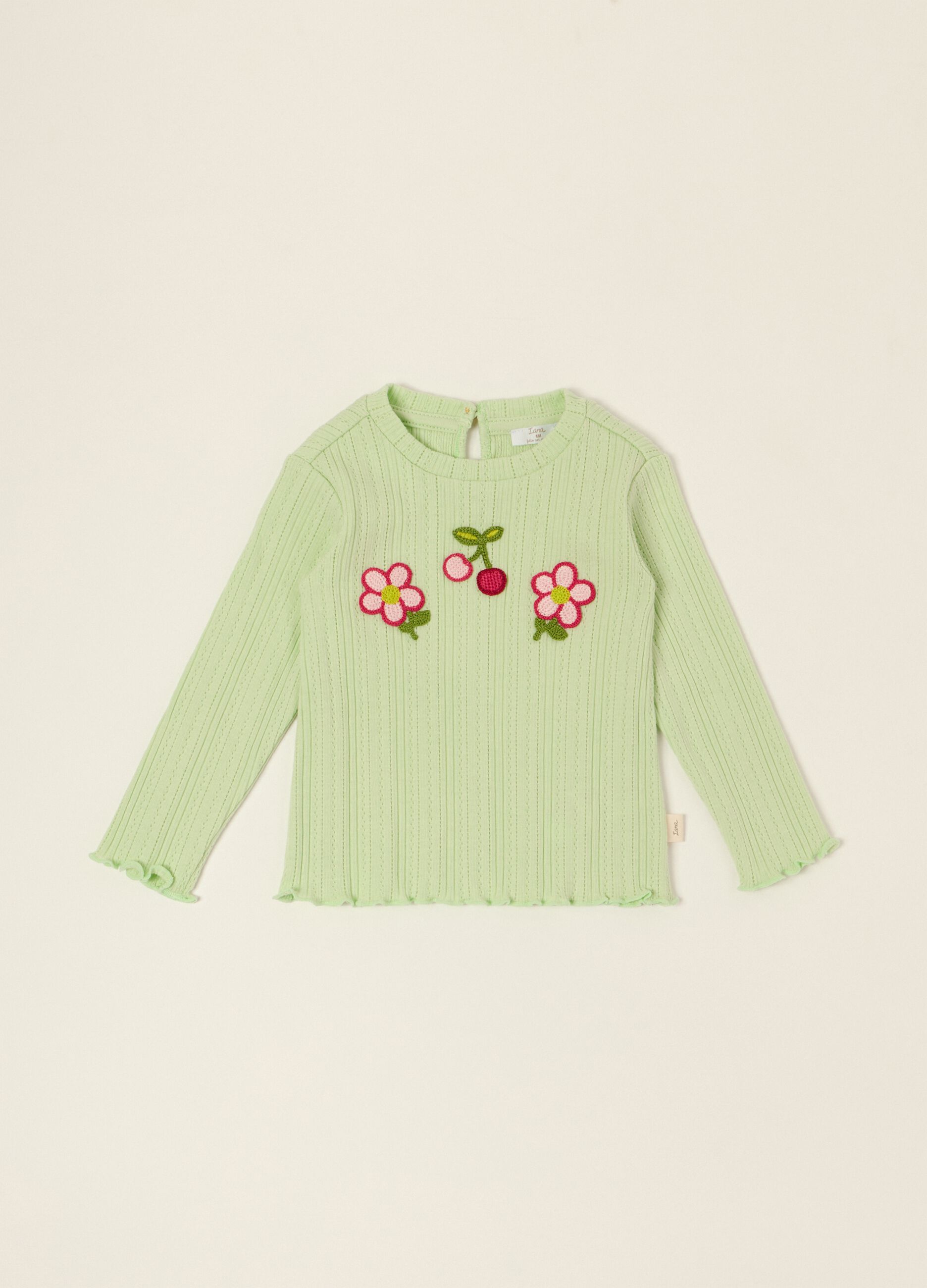 Green embroidered baby girl cotton-blend slim-fit T-shirt