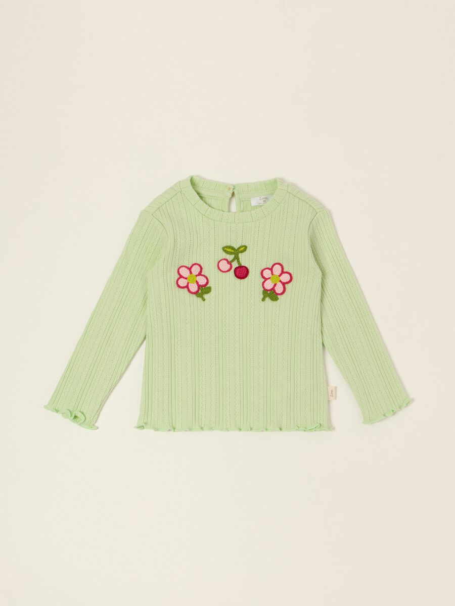 Green embroidered baby girl cotton-blend slim-fit T-shirt_0