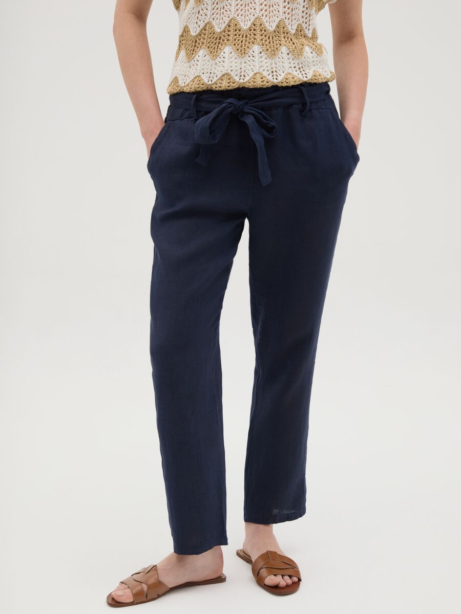 Women's pure blue linen trousers regular fit_1