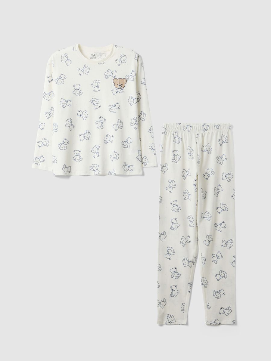 Pigiama in puro cotone bianco da ragazza regular fit con orsetti_0