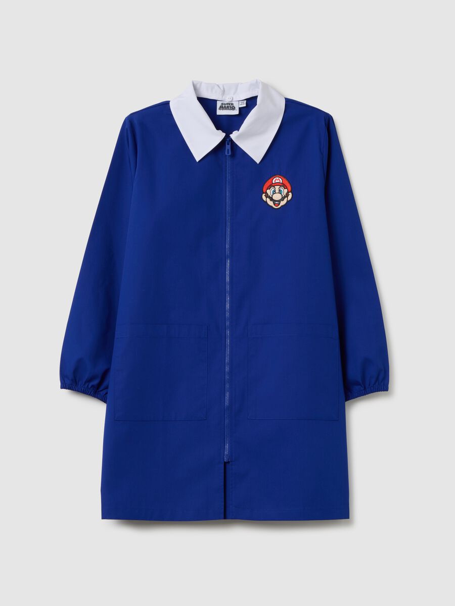 Blue cotton blend school smock for children with white collar featuring Super Mario_0