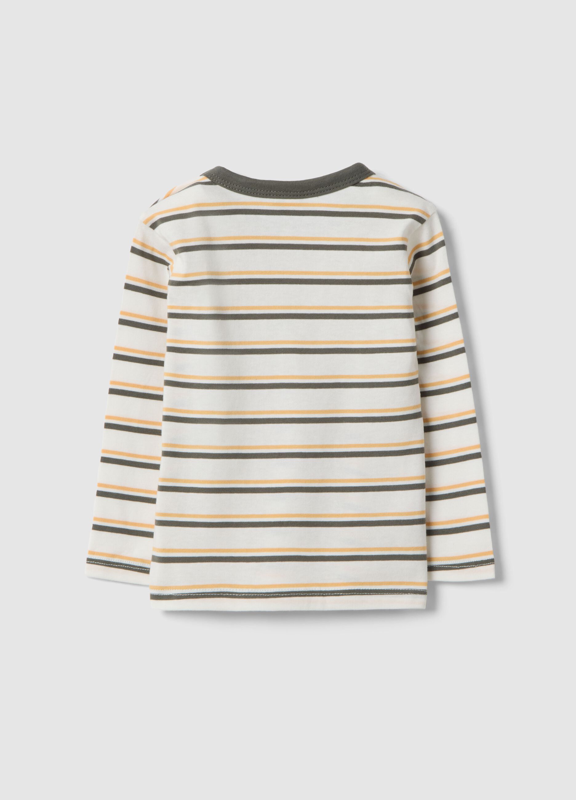 White pure cotton boys&rsquo; T-shirt with multicolour stripes and teddy bear embroidery