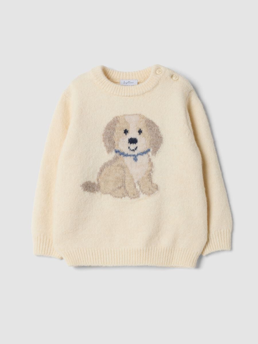 White crew-neck stretch jersey top with puppy print_0