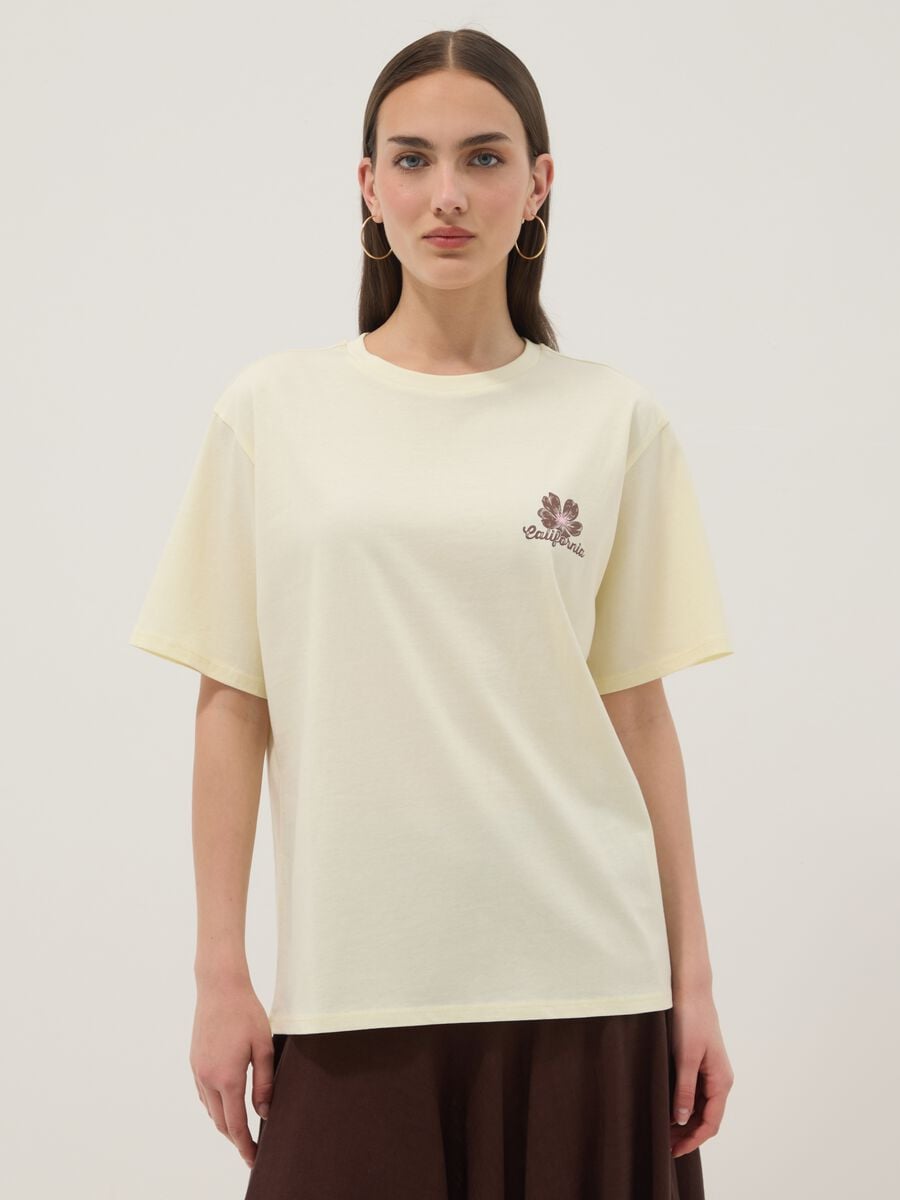 Yellow pure cotton T-shirt with contrast print, relaxed fit_0