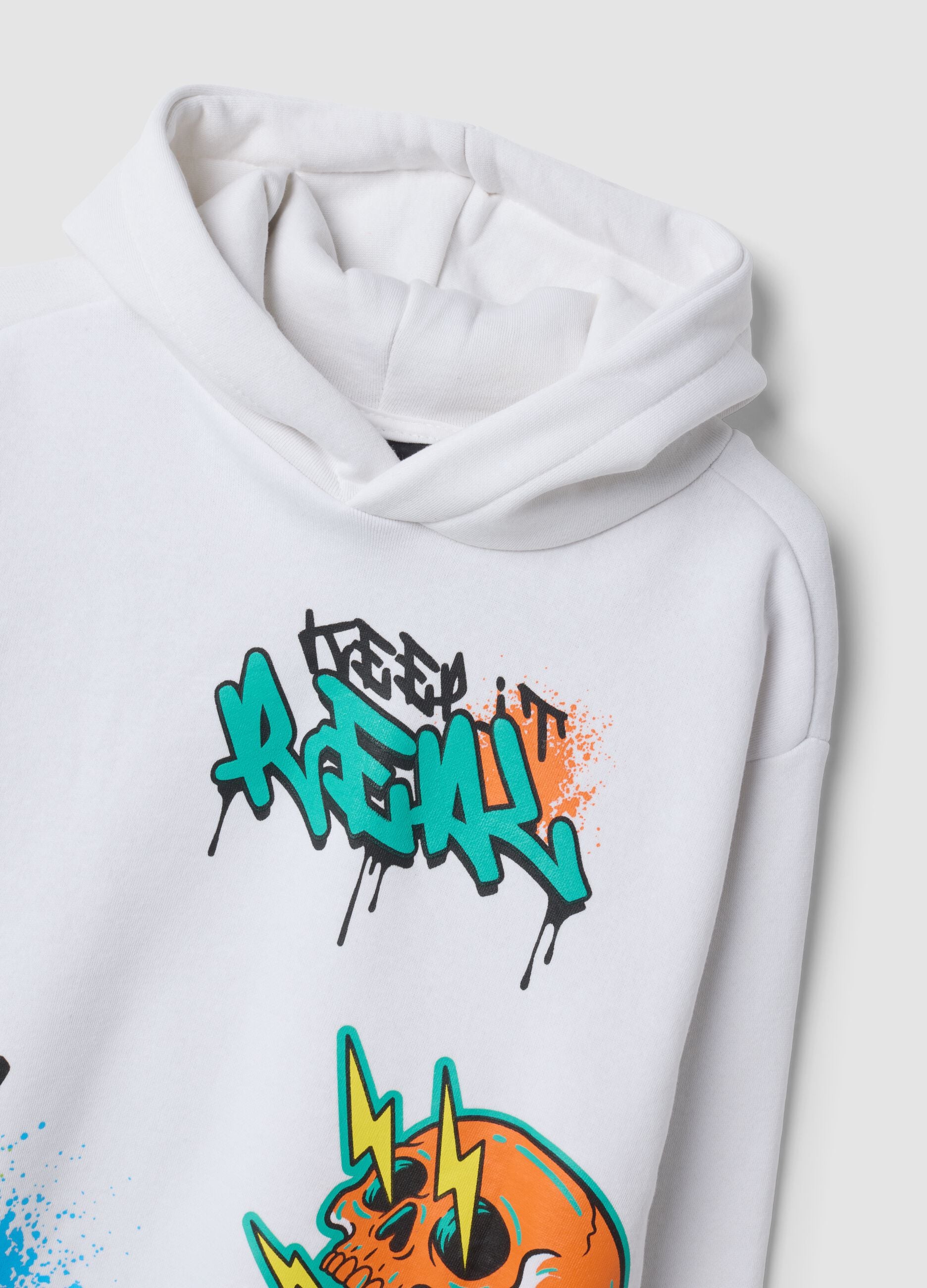 White cotton-blend hoodie with graffiti print