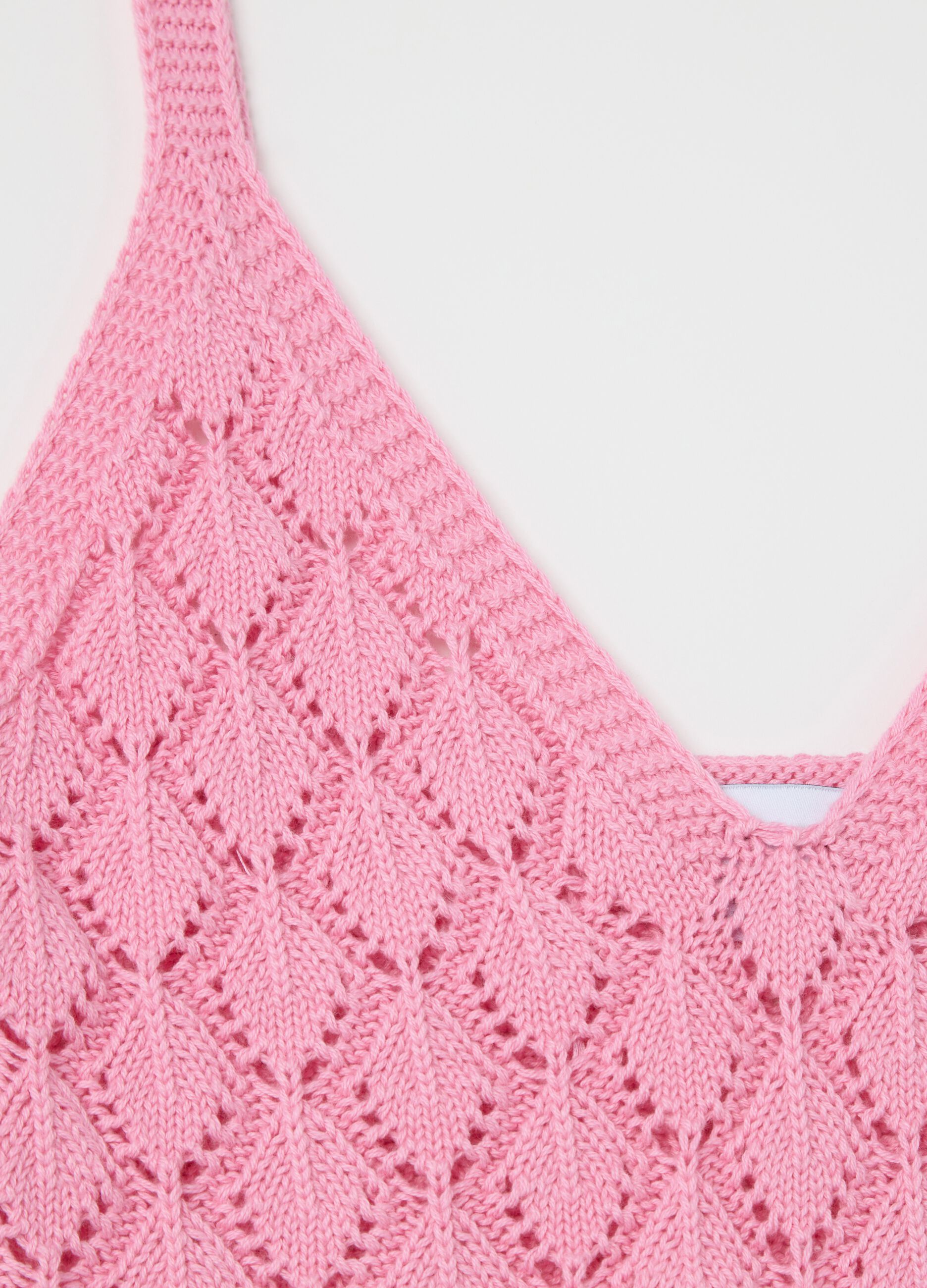 Top corto da donna in puro cotone rosa regular fit con maglia traforata