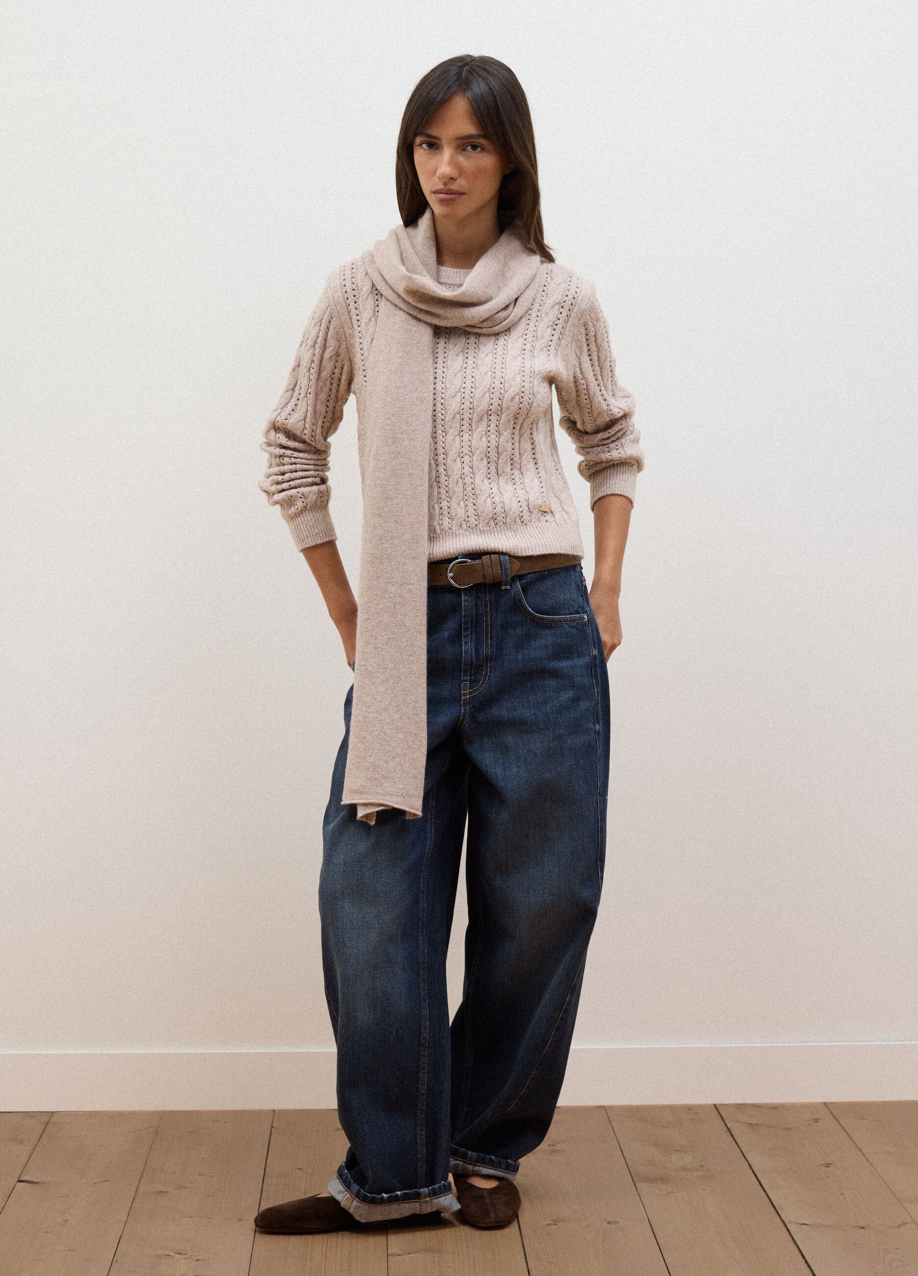 Beige cable-knit wool-blend crew-neck jumper, regular fit