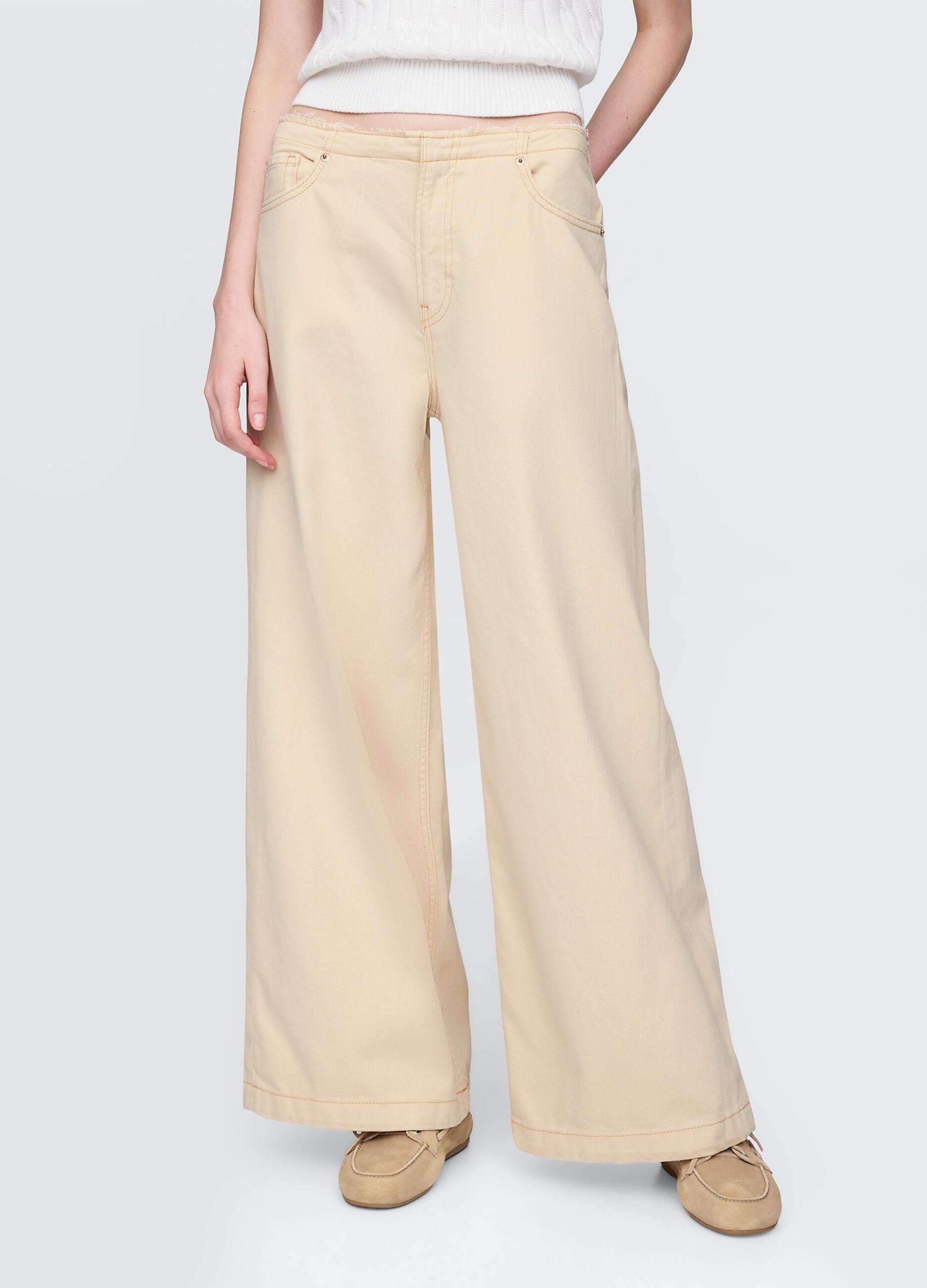 Beige Flared Trousers in Cotton and Lyocell