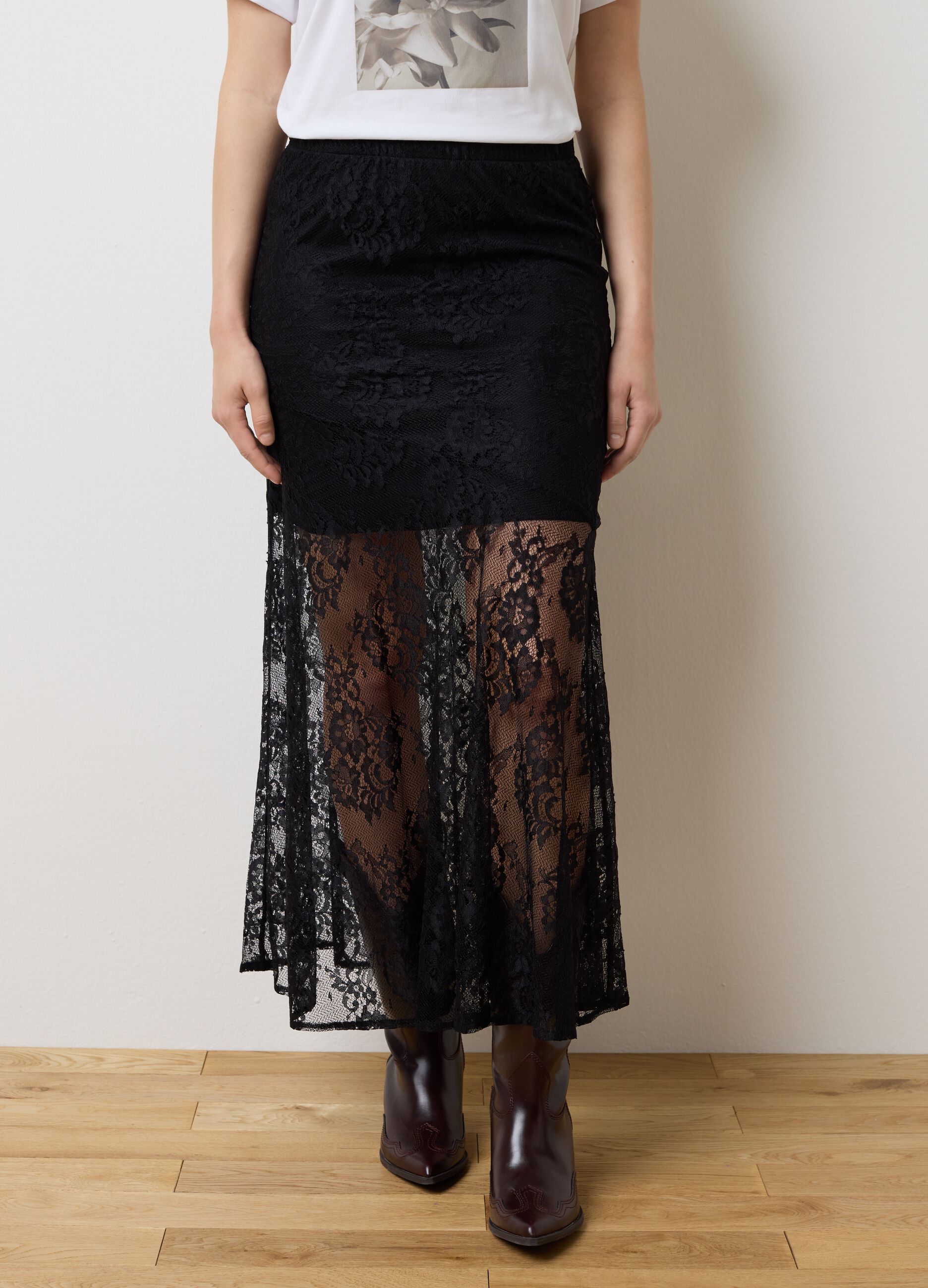 Long black skirt with lace details