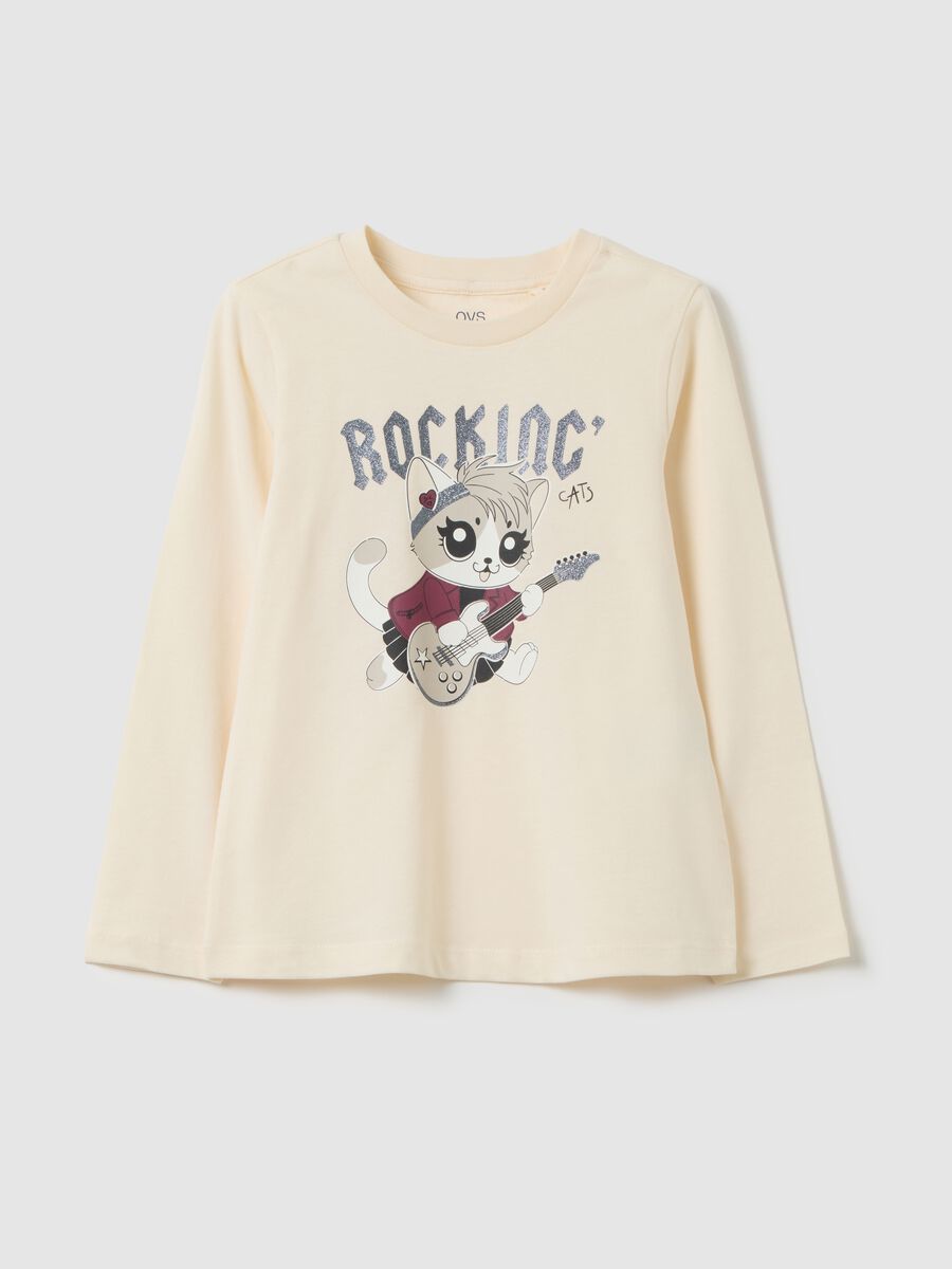 Girls' regular fit beige pure cotton t-shirt with print_0
