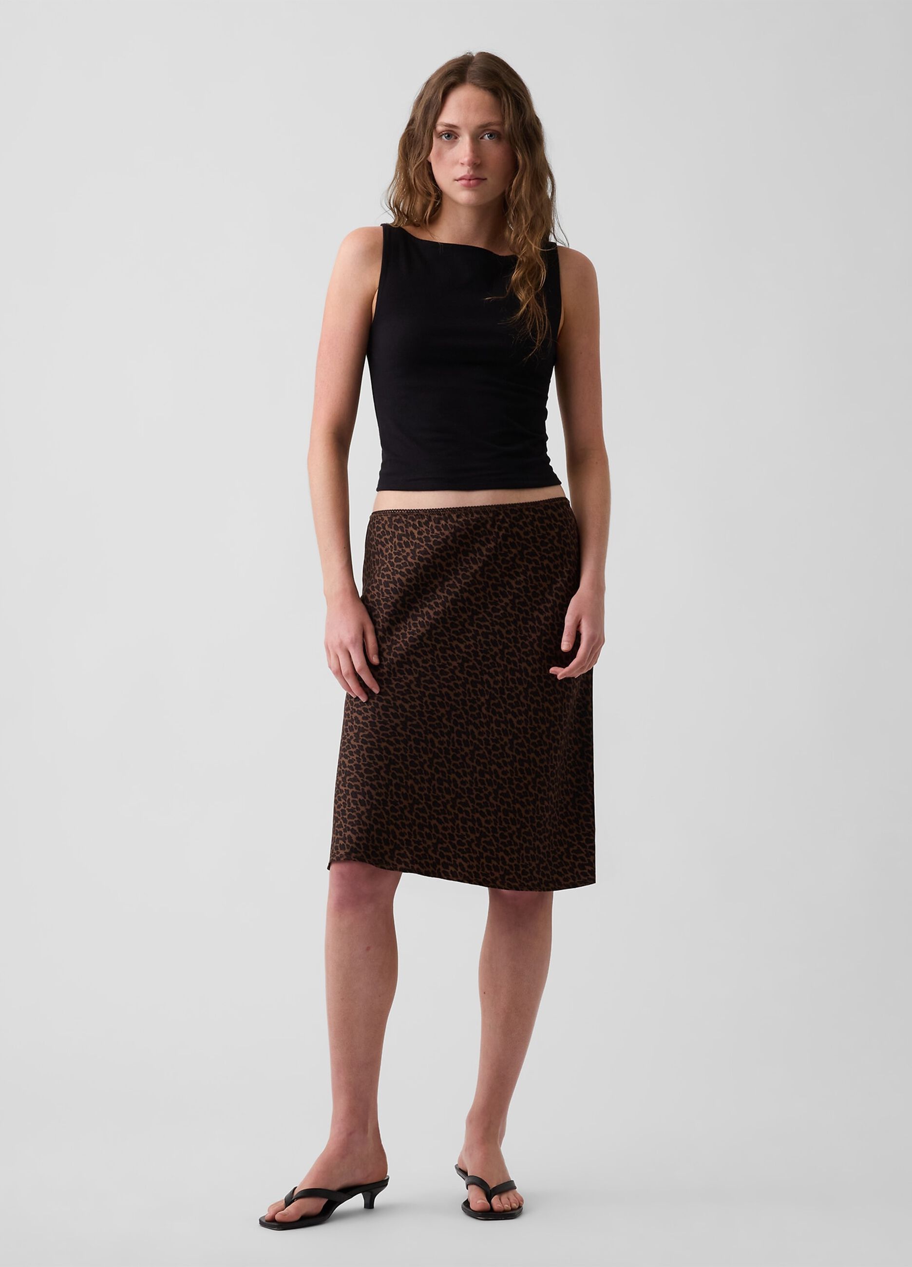 Brown midi skirt in pure viscose with animal print