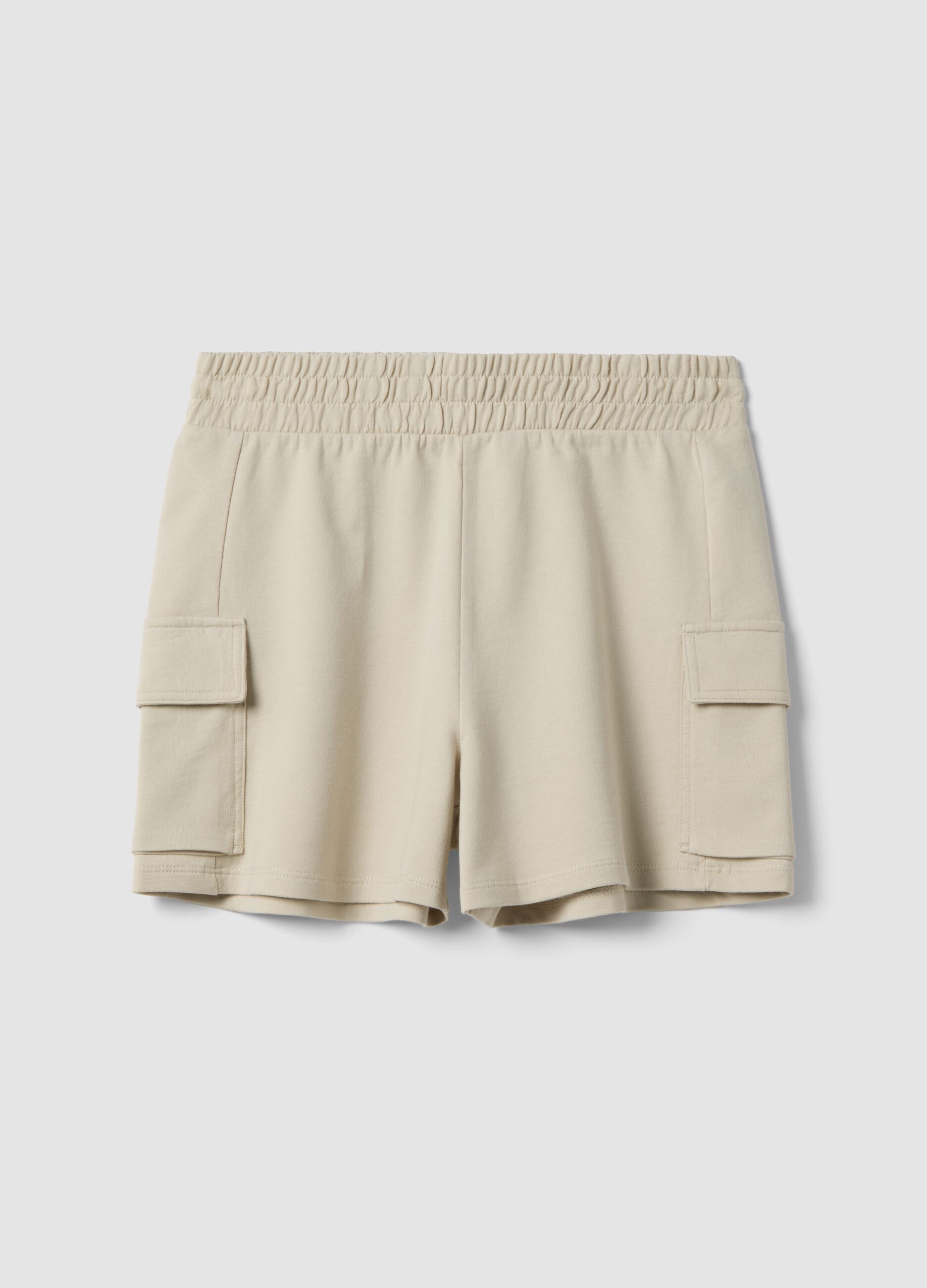 Girls' beige cotton-blend cargo shorts with relaxed fit