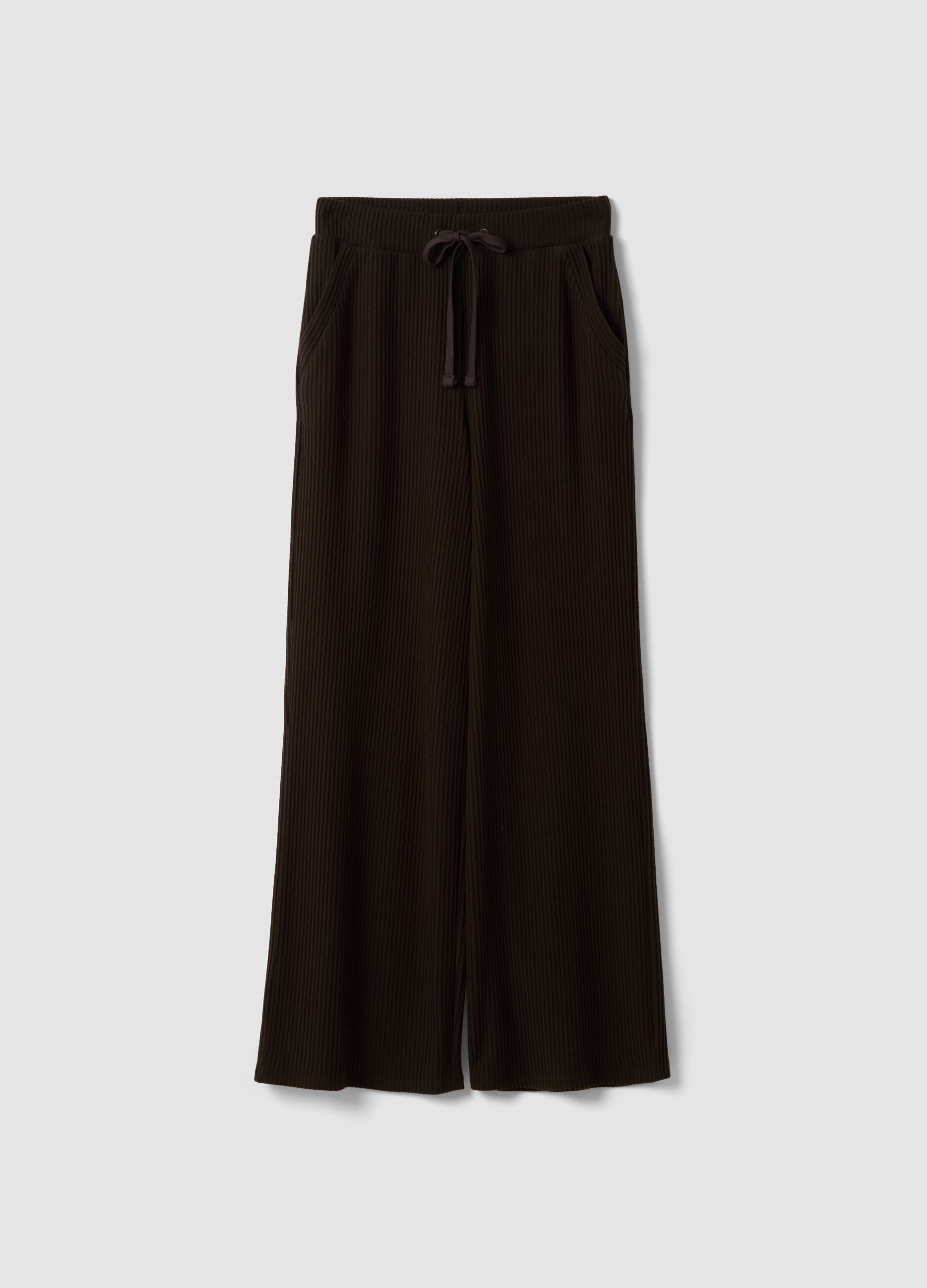 Brown ribbed stretch viscose straight-fit trousers
