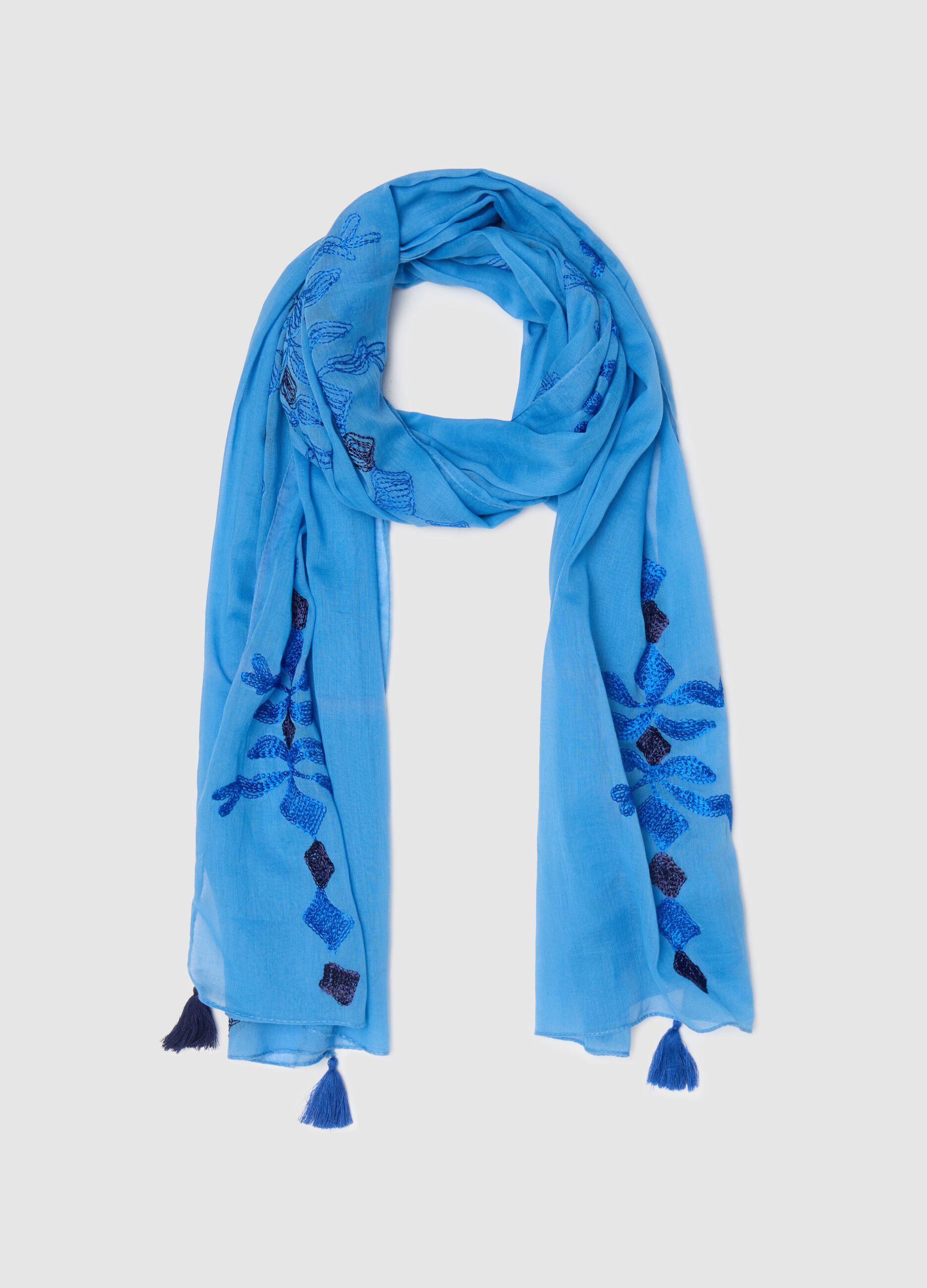 Blue scarf with embroidery and tassels