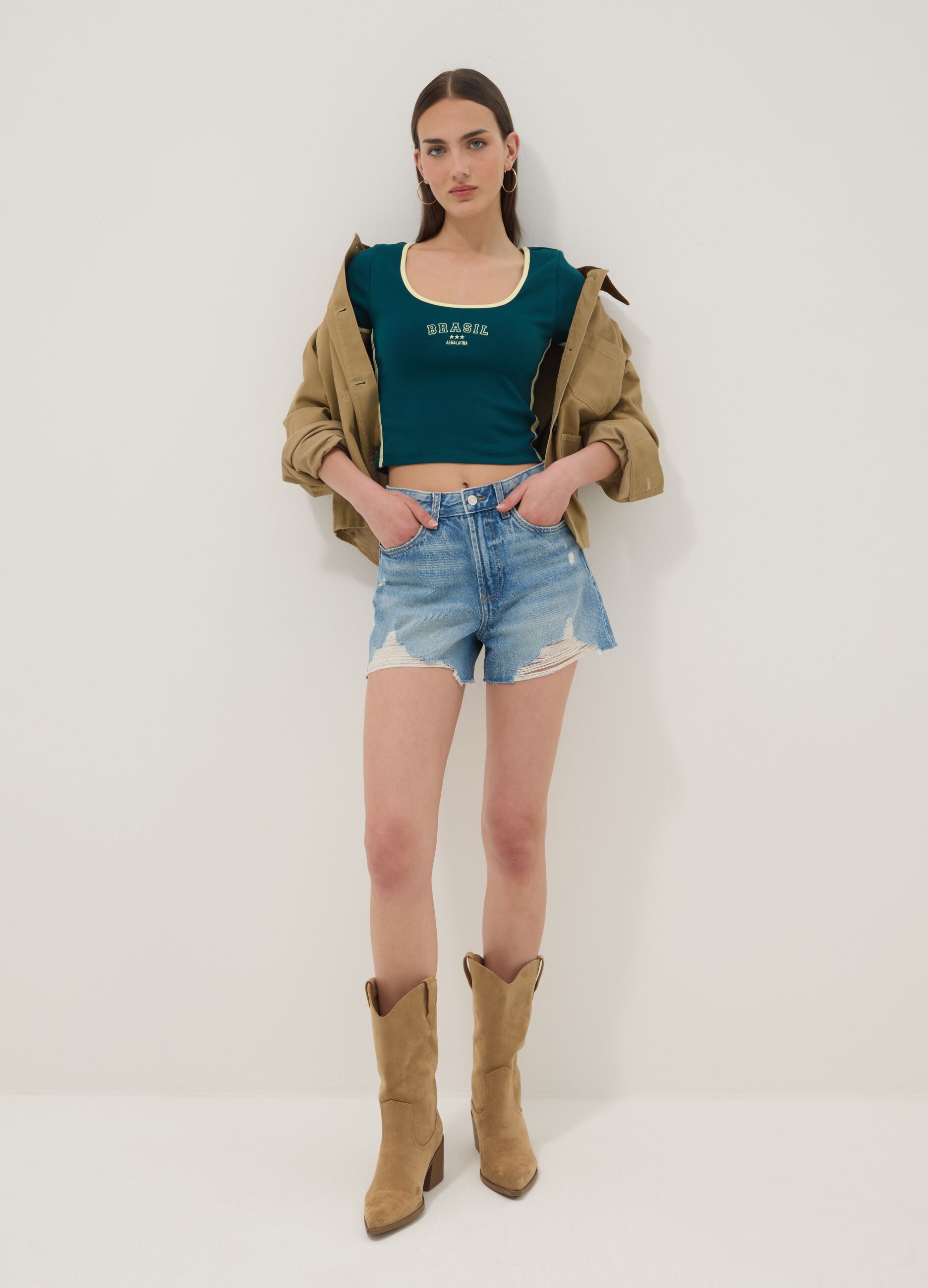 Green stretch cotton short-sleeve T-shirt