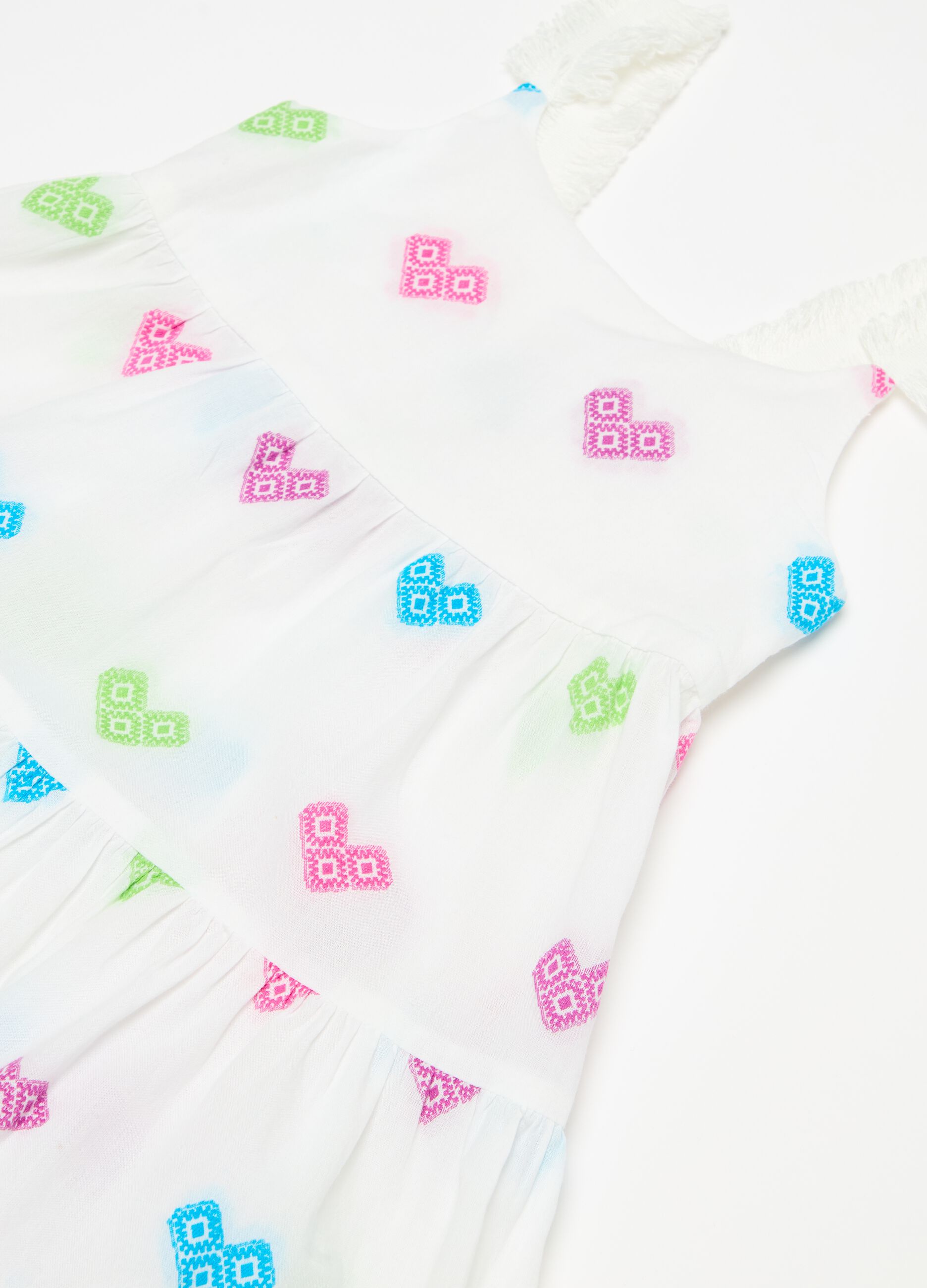 Tiered cotton dress with hearts embroidery