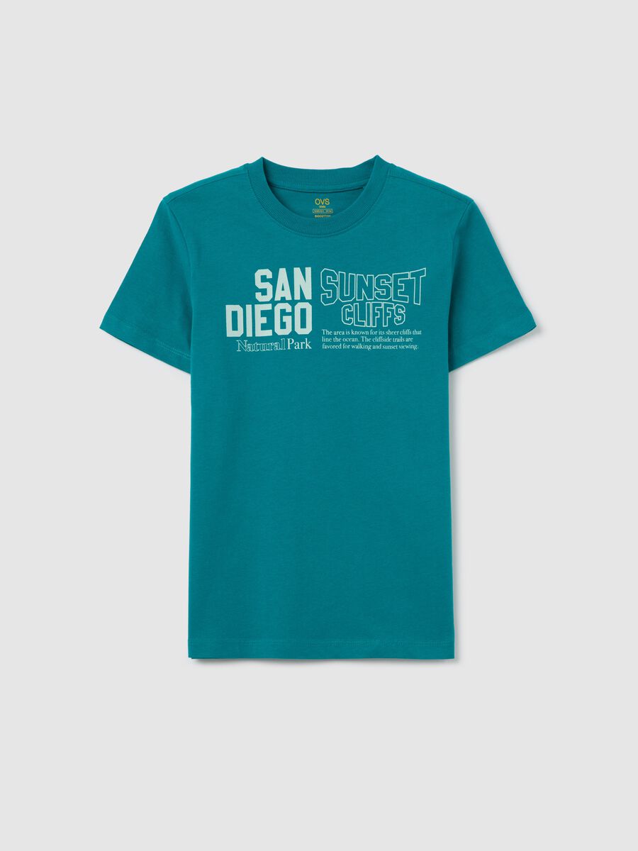 T-shirt blu in cotone bio con stampa lettering_3