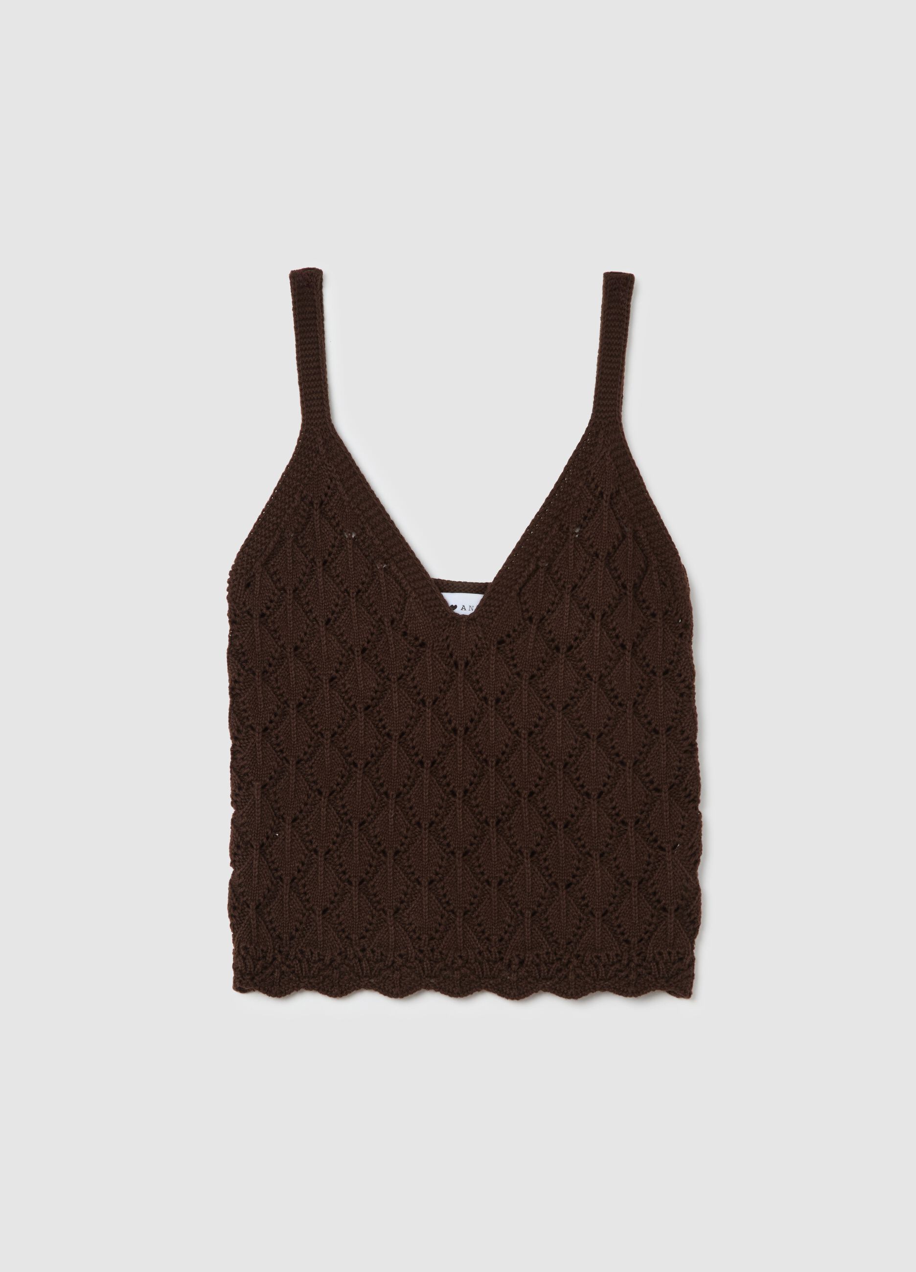 Top corto da donna in puro cotone marrone regular fit con maglia traforata