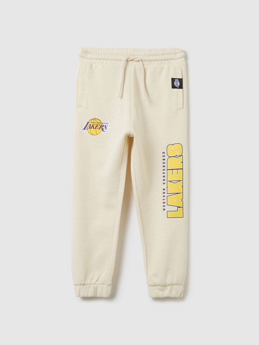 Children's beige cotton jogger trousers, regular fit, featuring Lakers logo_0