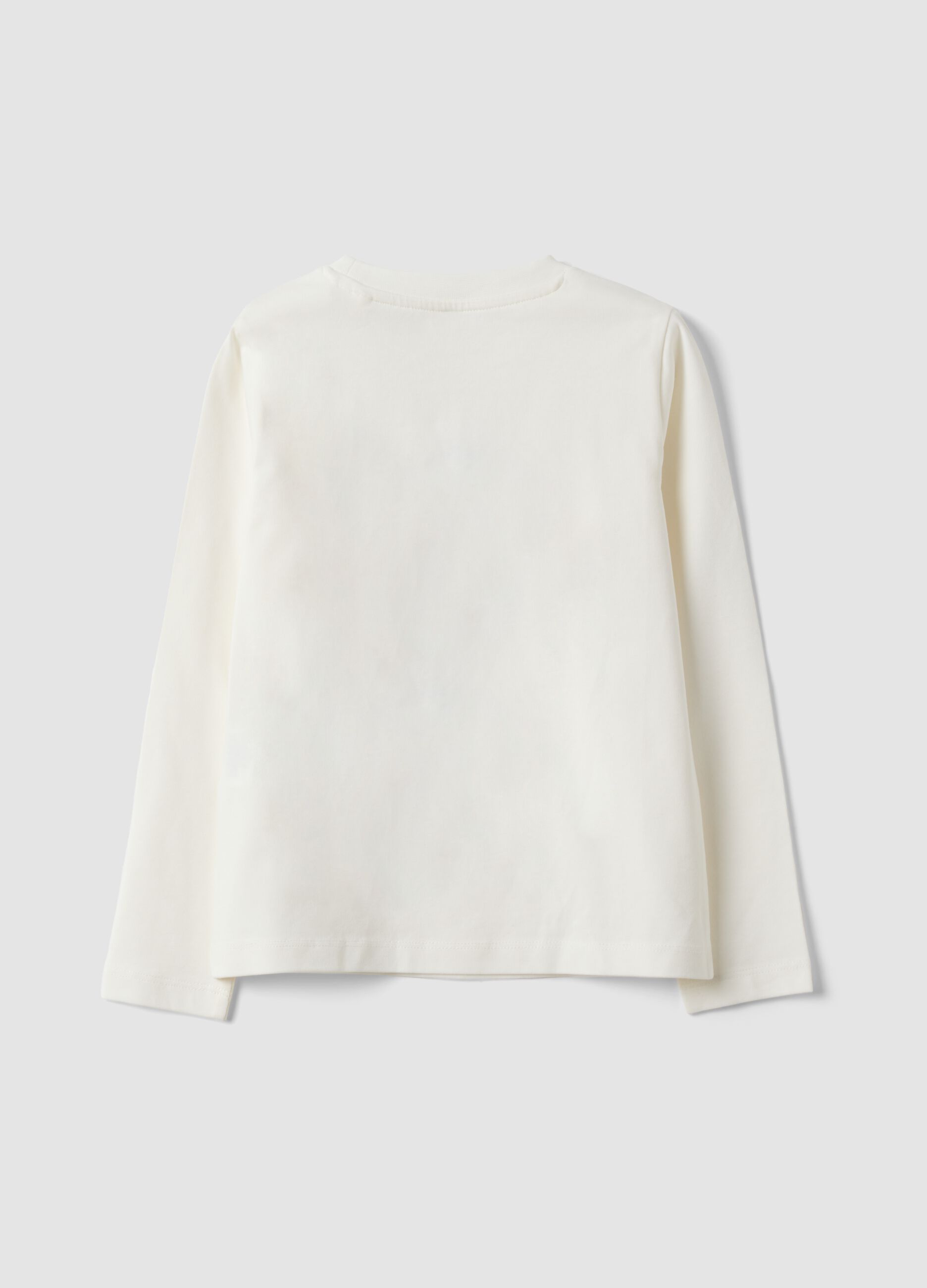 T-shirt bianca in cotone elasticizzato con stampa orsetto per bambina