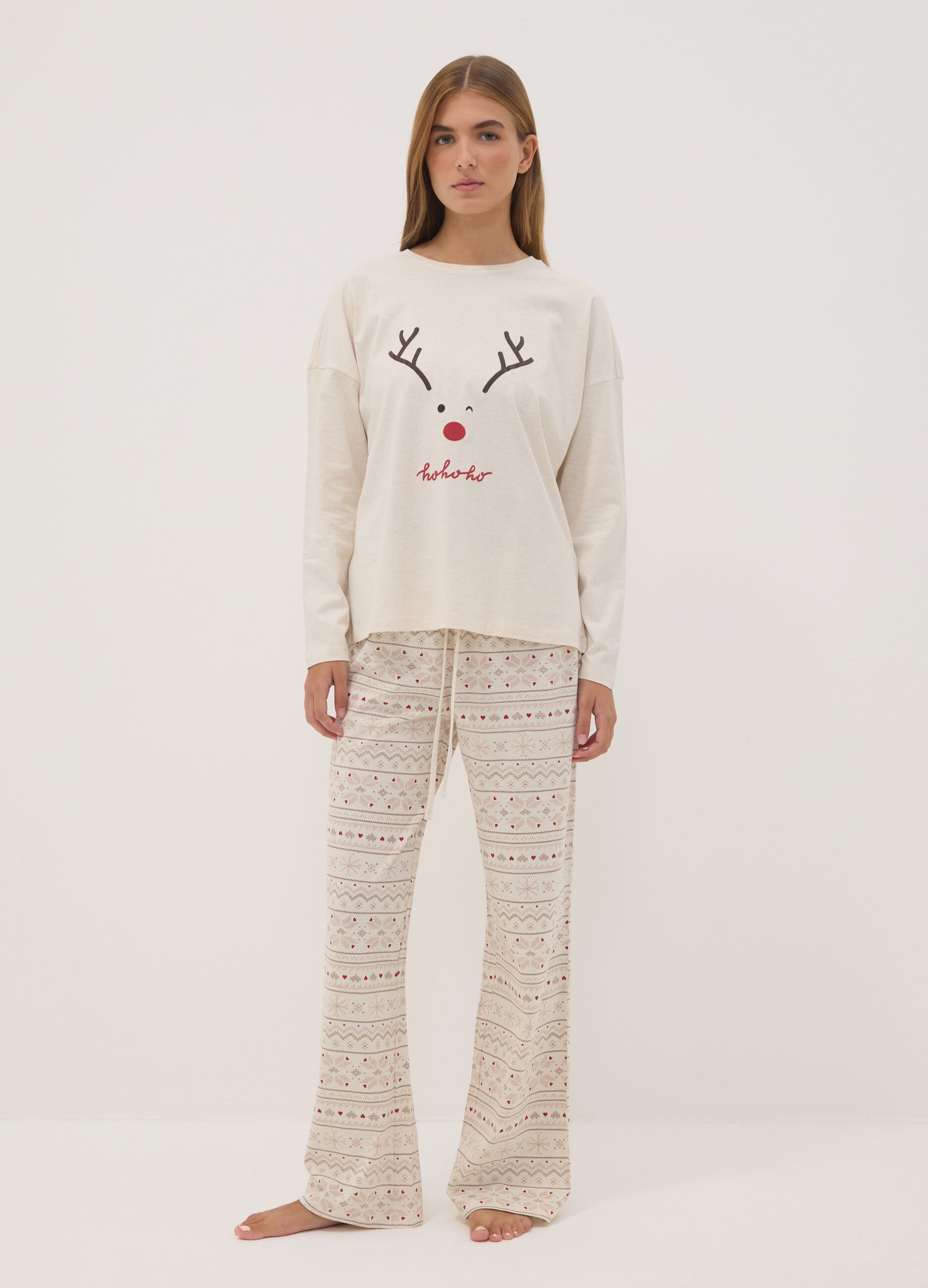 Beige melange organic cotton crew-neck pyjamas