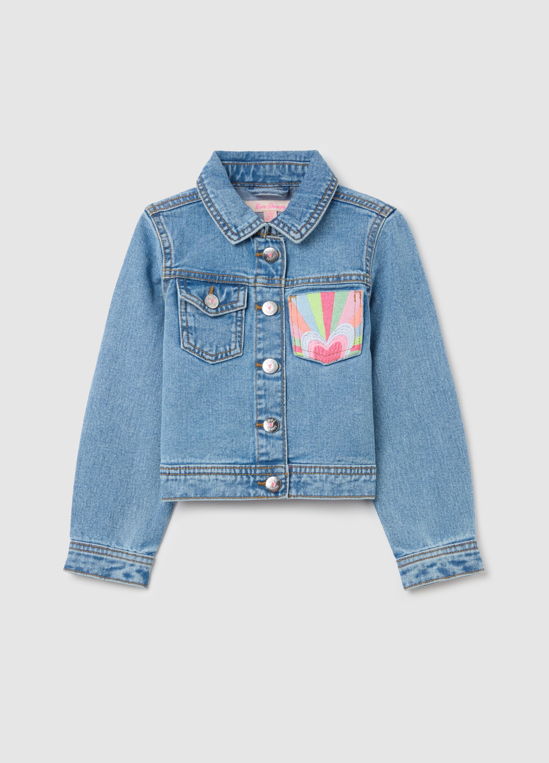 Denim jacket with heart and rainbow embroidery