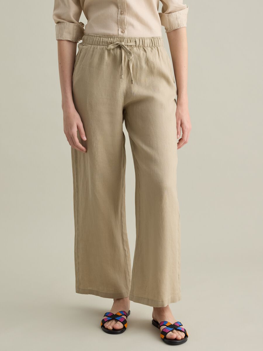 Beige wide-leg fluid trousers in linen_1