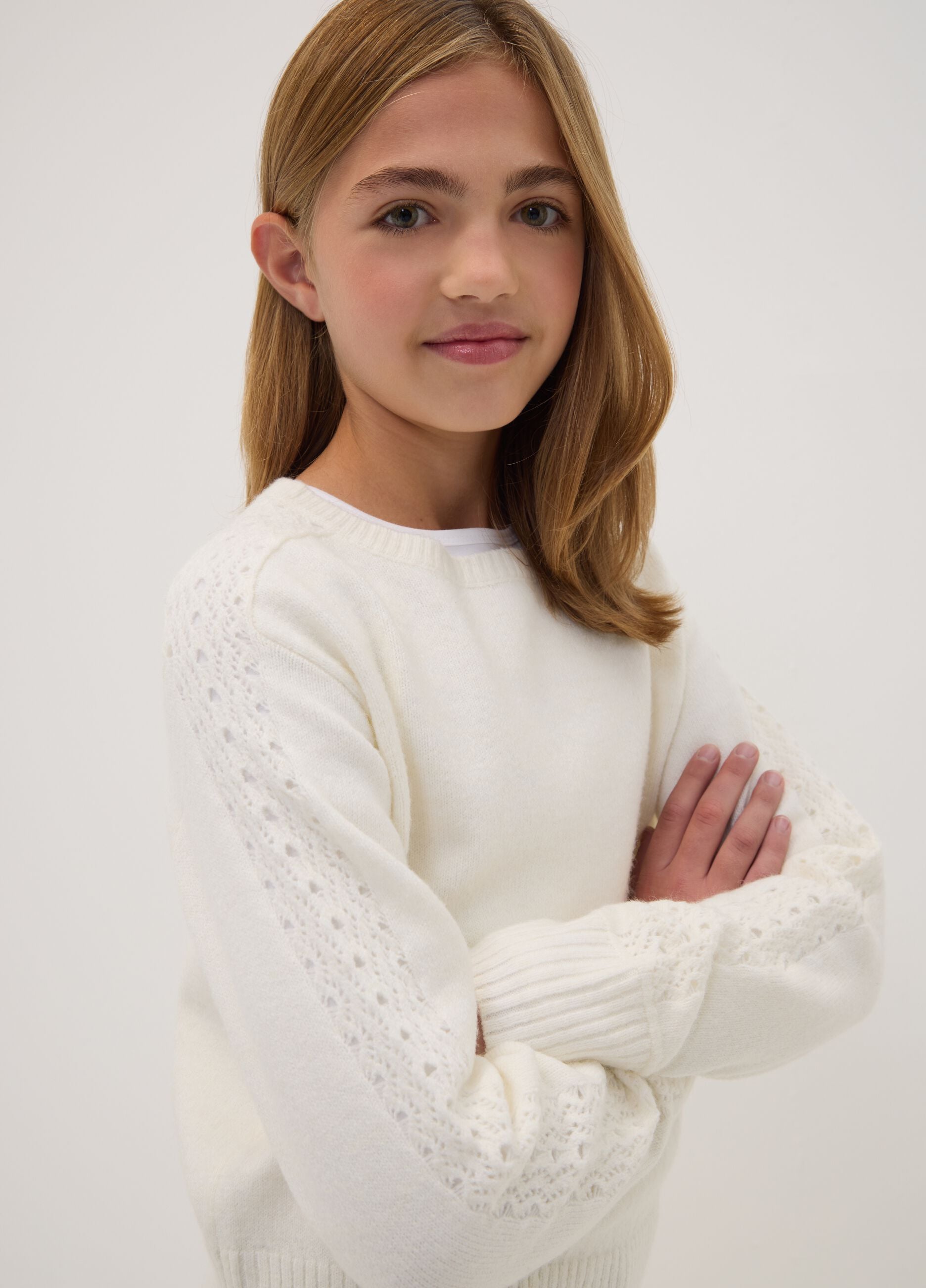 White crew-neck jumper in stretch wool blend