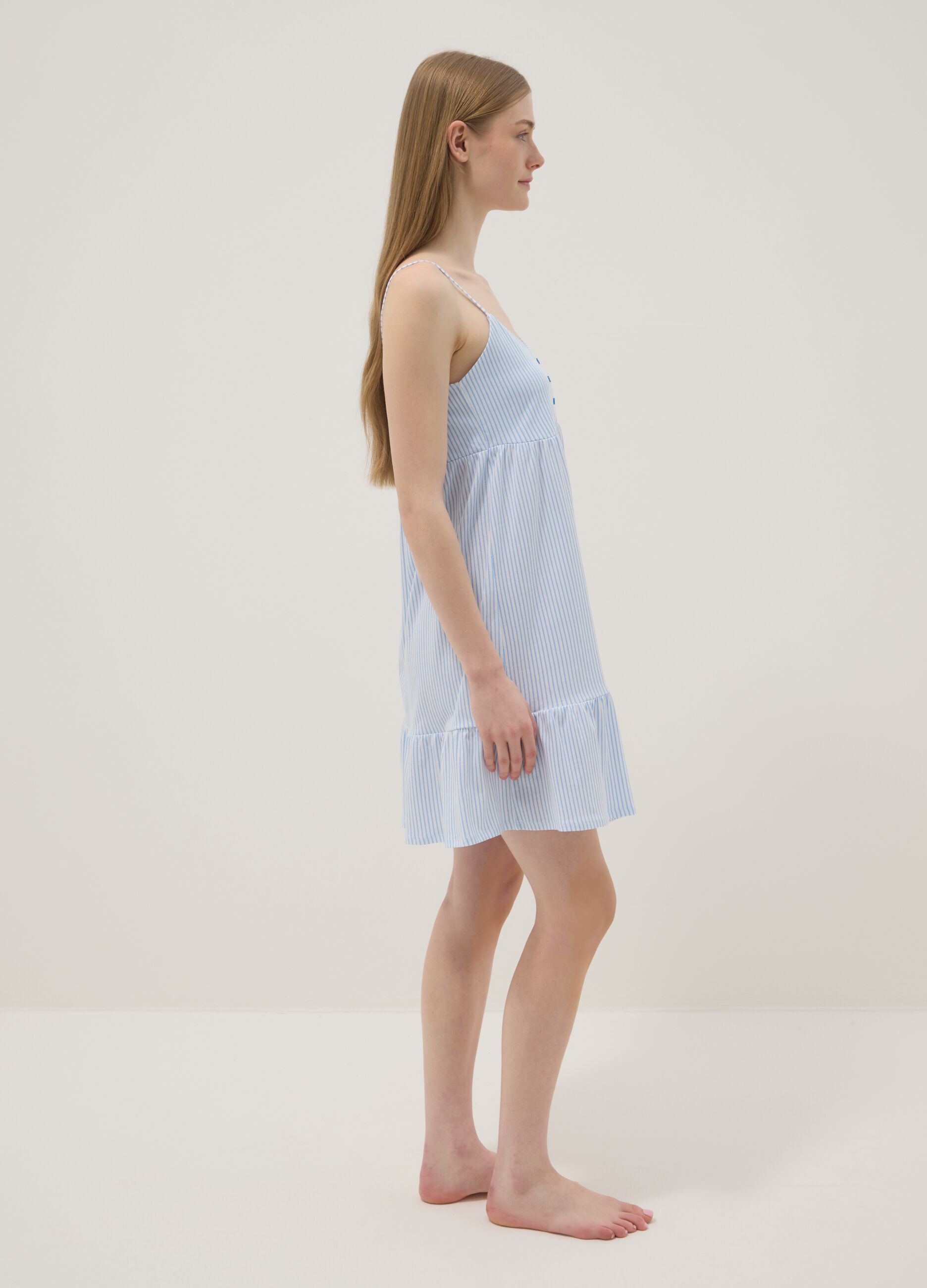 Pure cotton nightdress with white and light blue stripes and straps