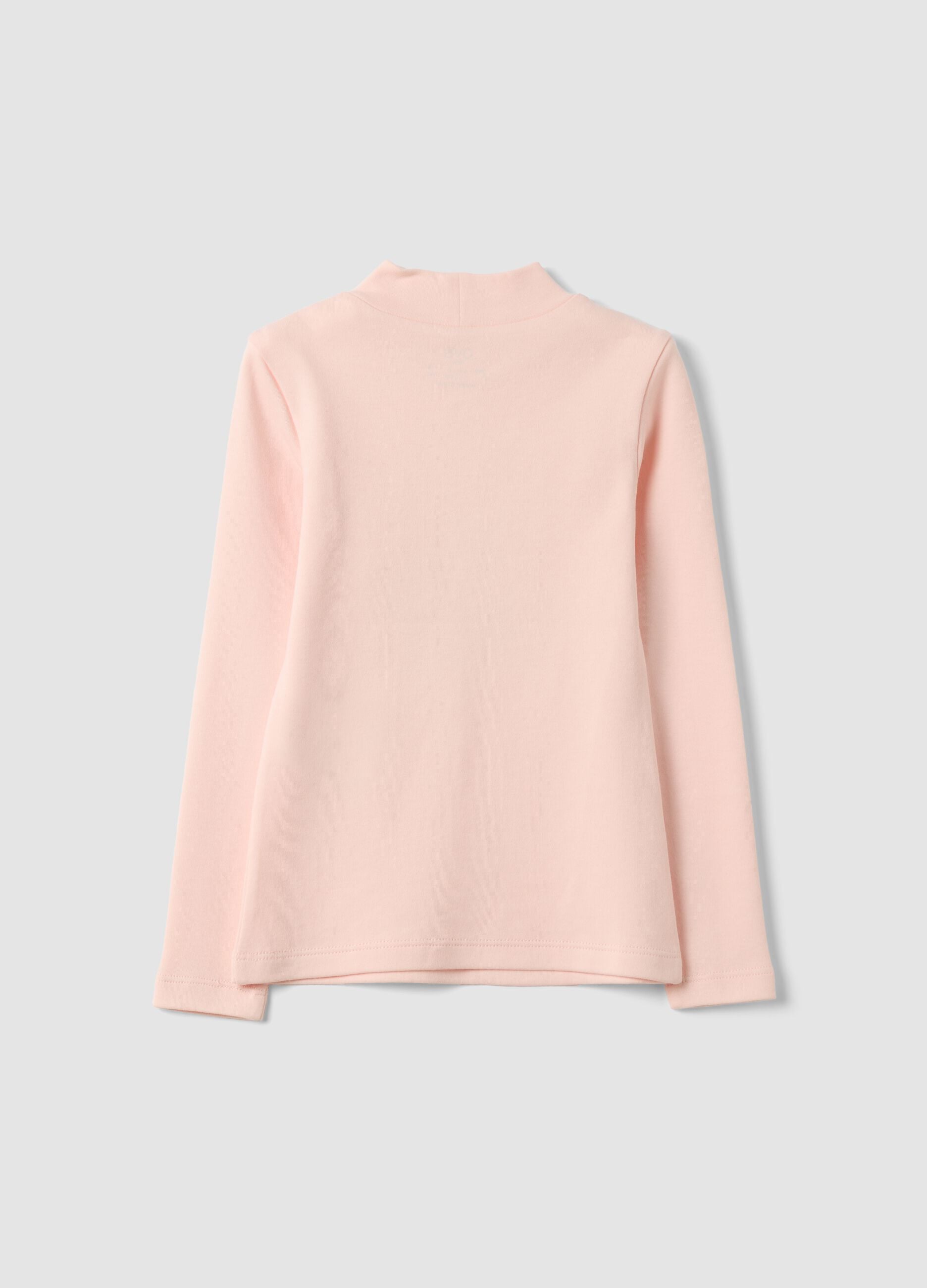 T-shirt rosa in puro cotone organico con collo rialzato e stampa orsetto