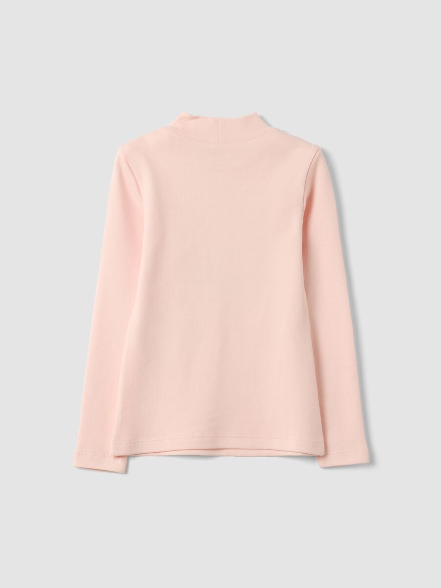 T-shirt rosa in puro cotone organico con collo rialzato e stampa orsetto_1